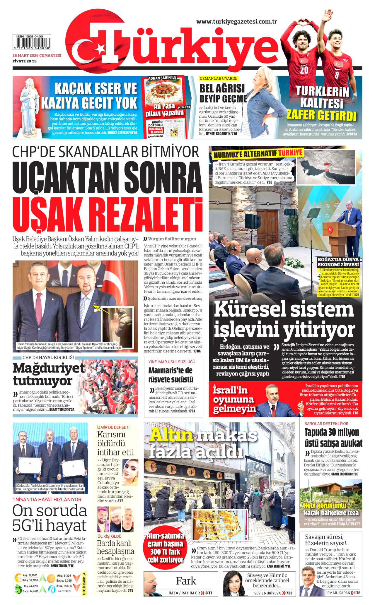 TÜRKİYE GAZETESİ gazetesinin 28 Mart 2026 tarihli birinci sayfası