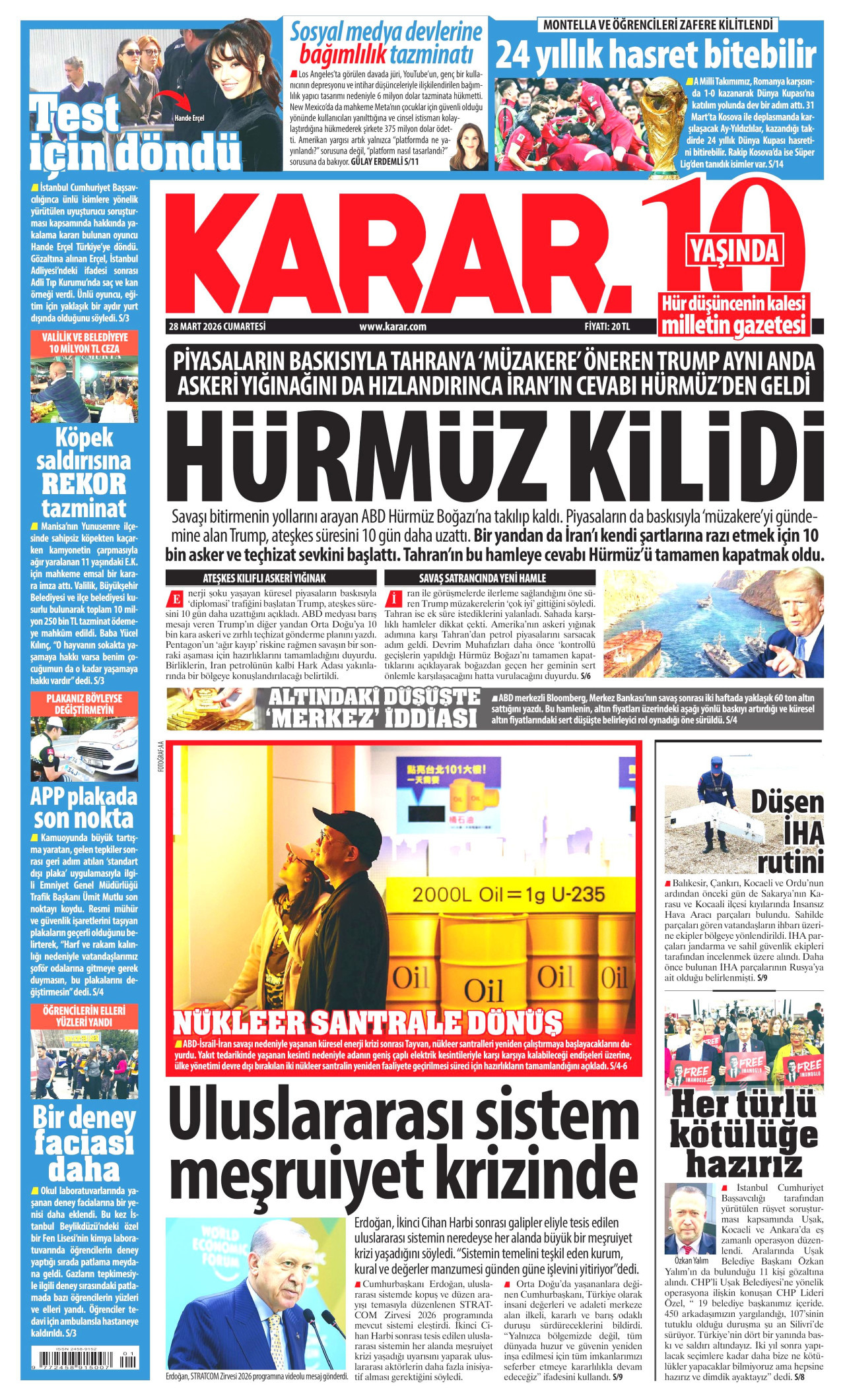 KARAR gazetesinin 28 Mart 2026 tarihli birinci sayfası