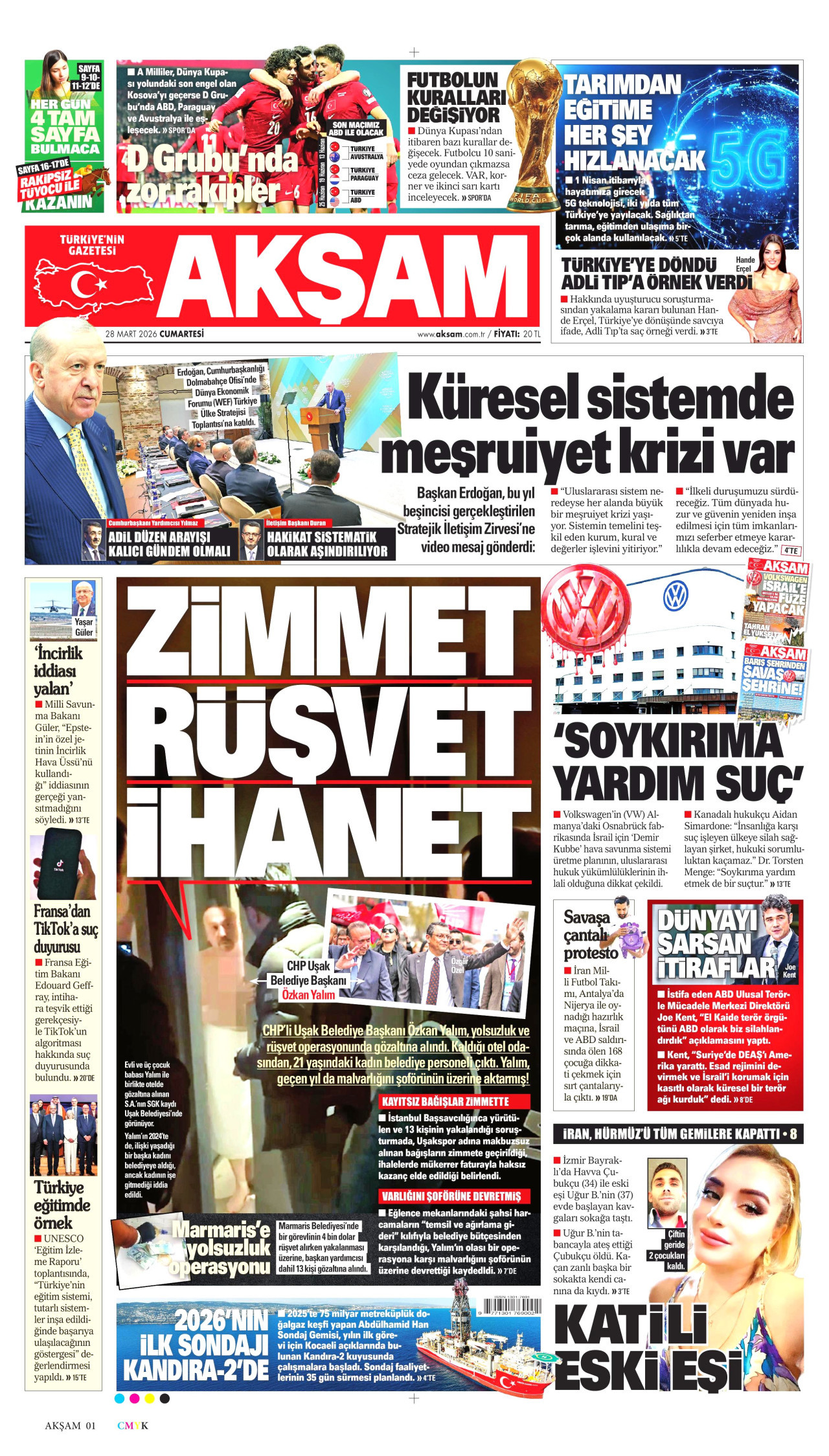 AKŞAM gazetesinin 28 Mart 2026 tarihli birinci sayfası