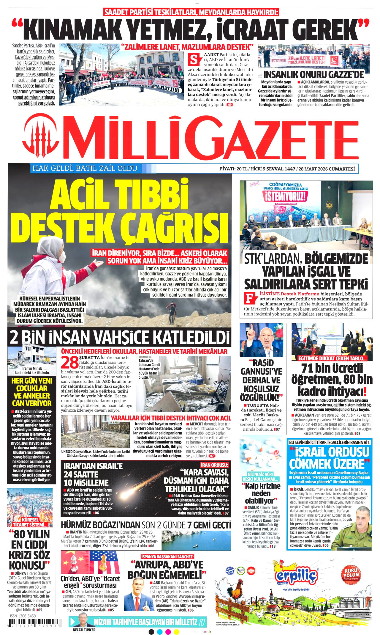 MİLLİ GAZETE gazetesinin 28 Mart 2026 tarihli birinci sayfası