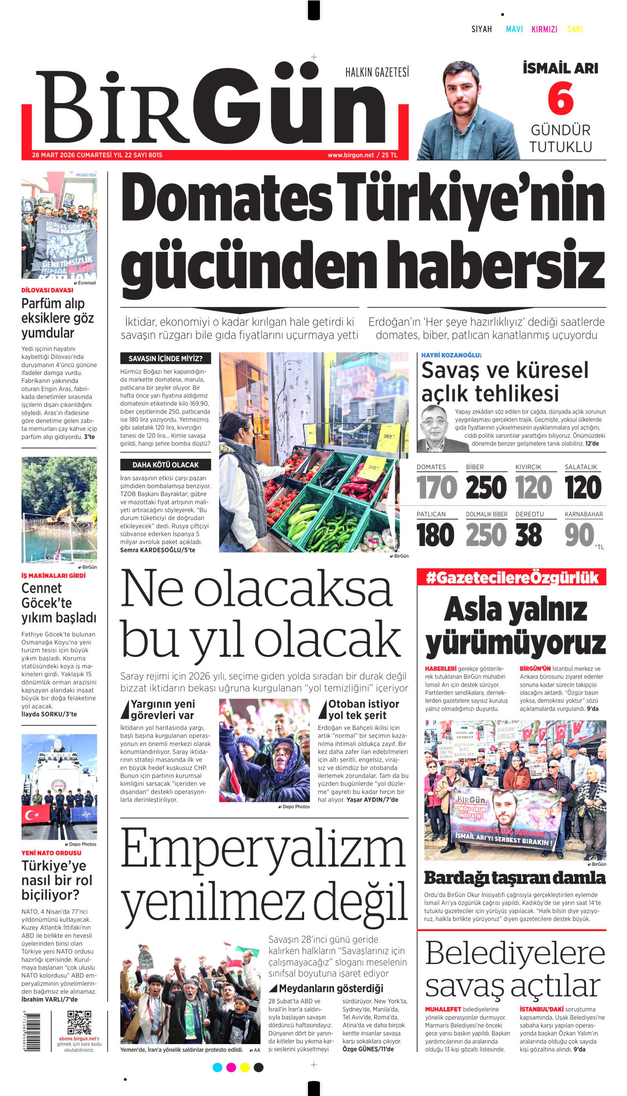BİRGÜN gazetesinin 28 Mart 2026 tarihli birinci sayfası