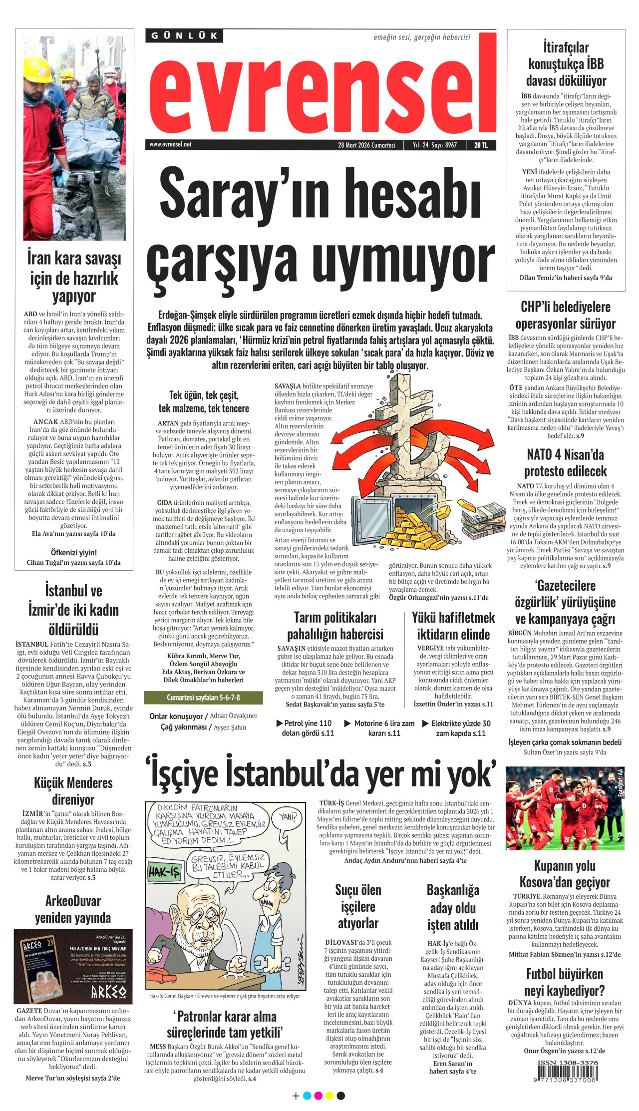 EVRENSEL gazetesinin 28 Mart 2026 tarihli birinci sayfası