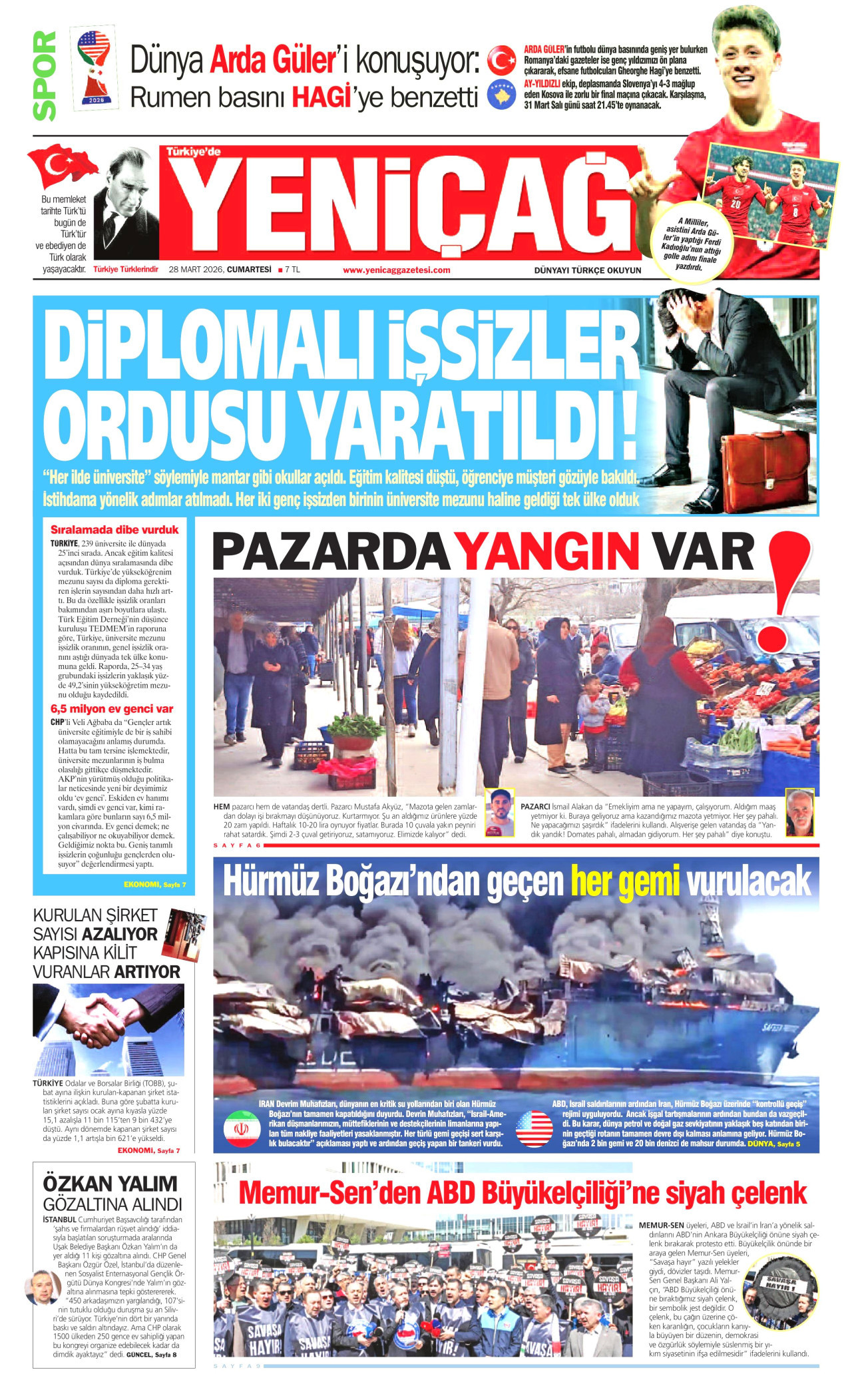 YENİÇAĞ gazetesinin 28 Mart 2026 tarihli birinci sayfası