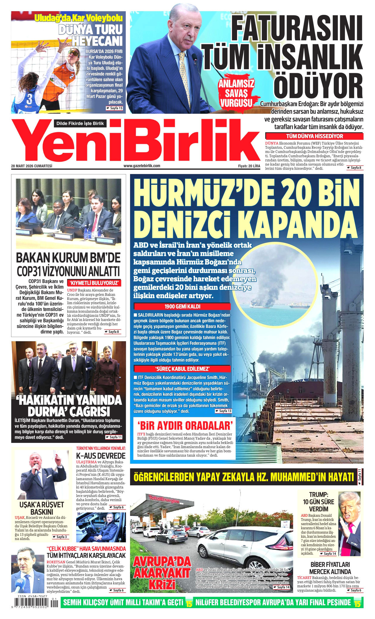 YENİBİRLİK gazetesinin 28 Mart 2026 tarihli birinci sayfası