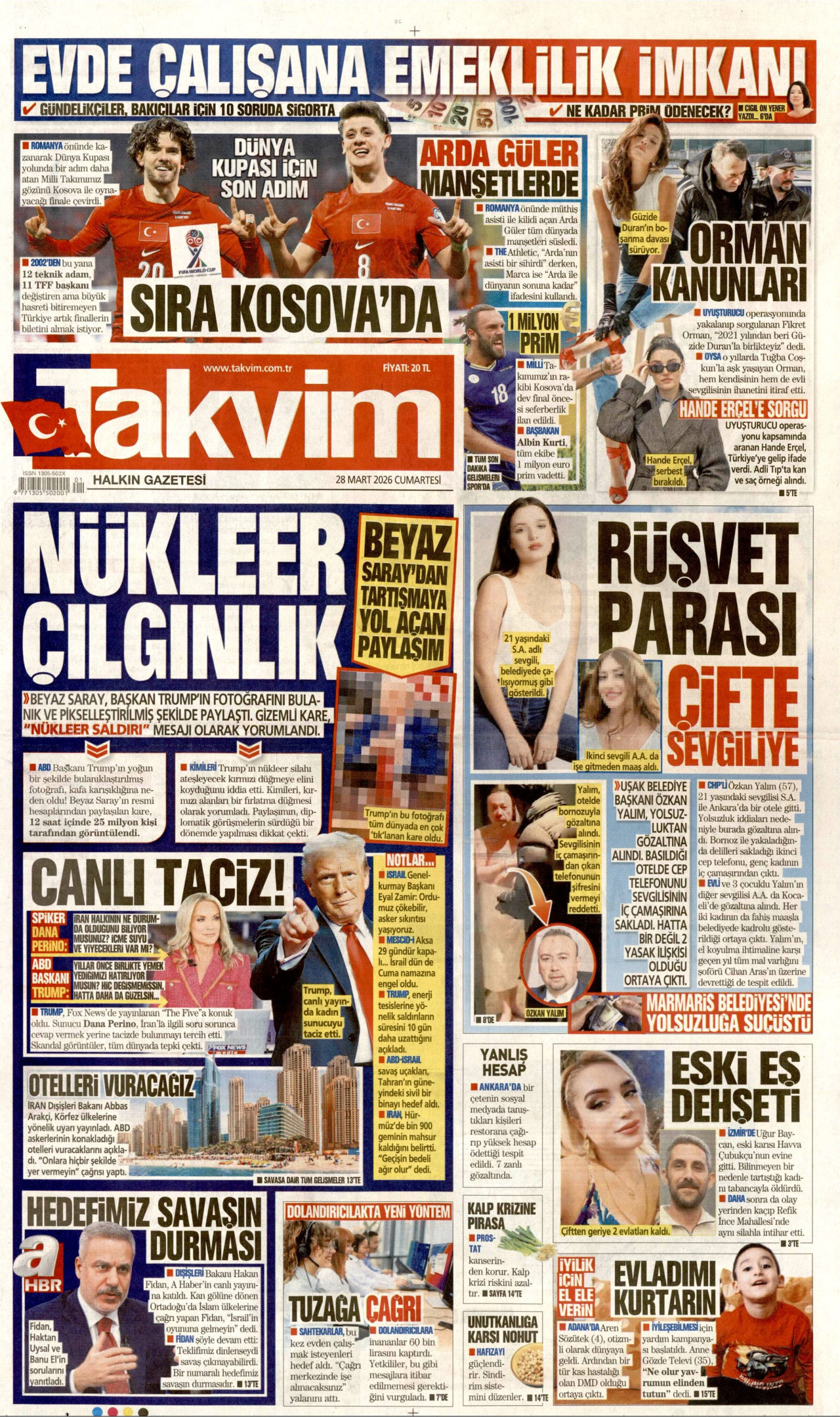TAKVİM gazetesinin 28 Mart 2026 tarihli birinci sayfası