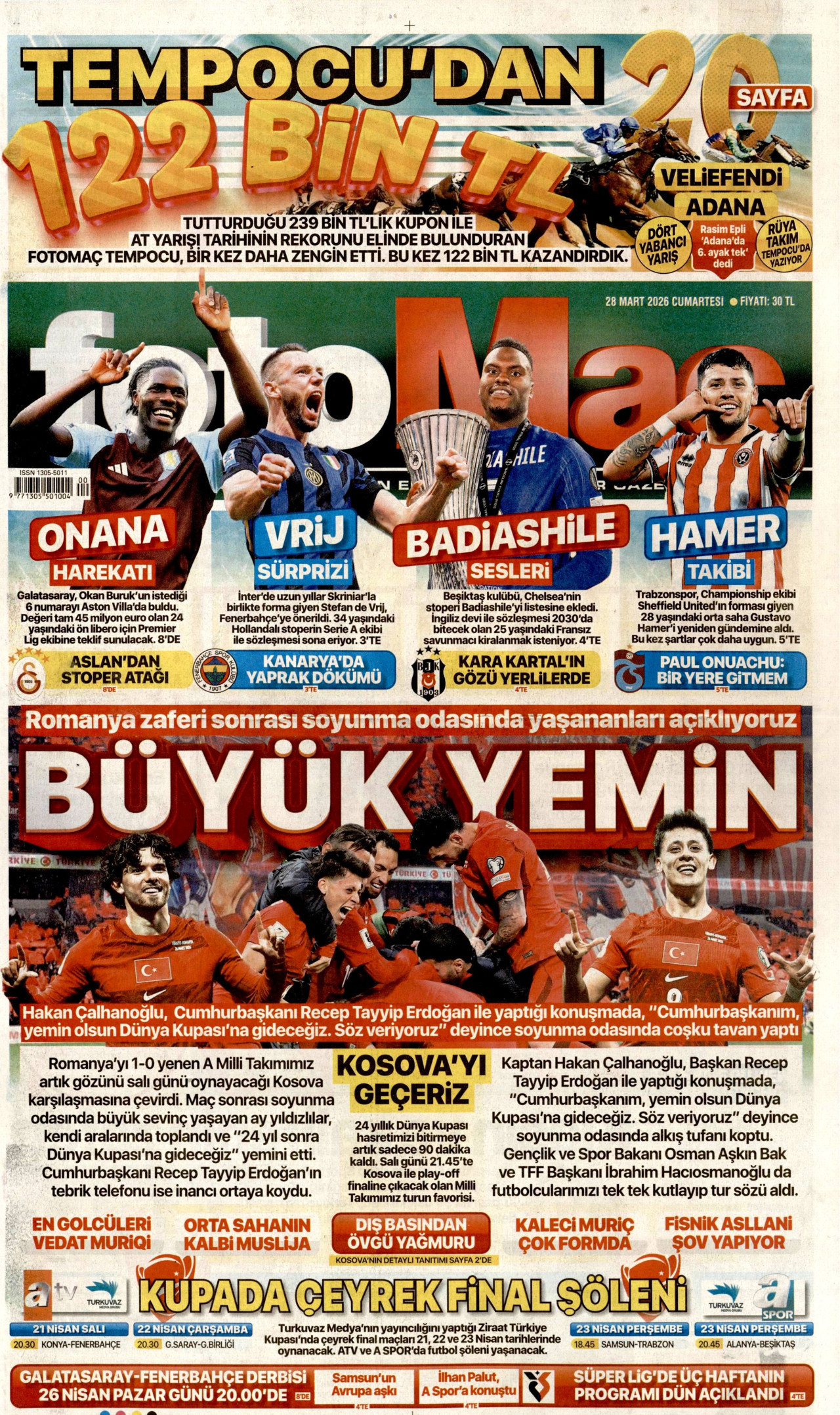 FOTOMAÇ gazetesinin 28 Mart 2026 tarihli birinci sayfası