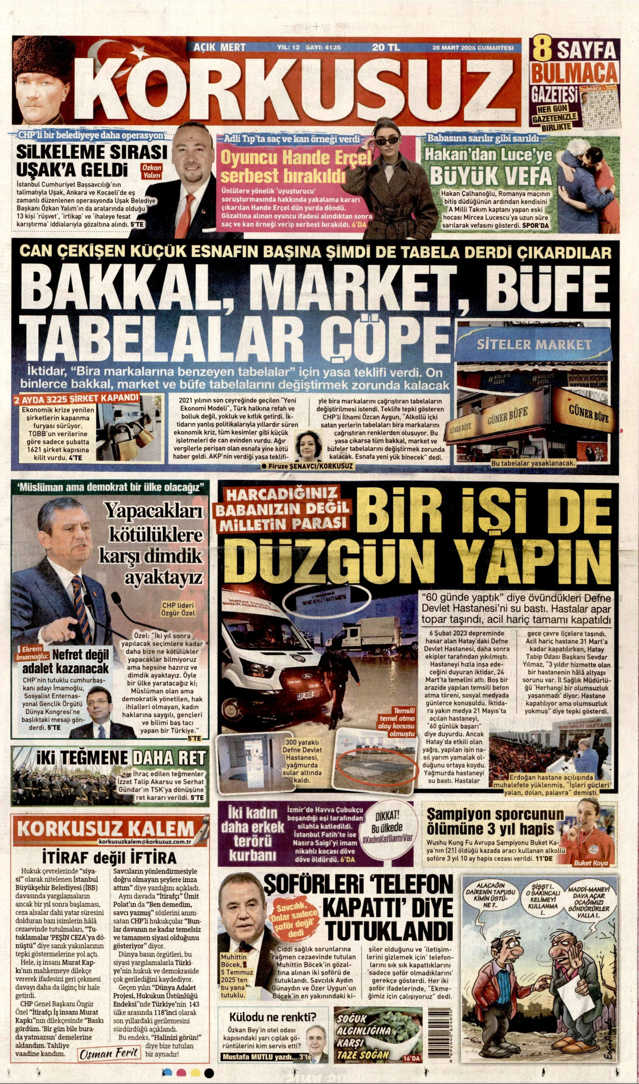 KORKUSUZ gazetesinin 28 Mart 2026 tarihli birinci sayfası