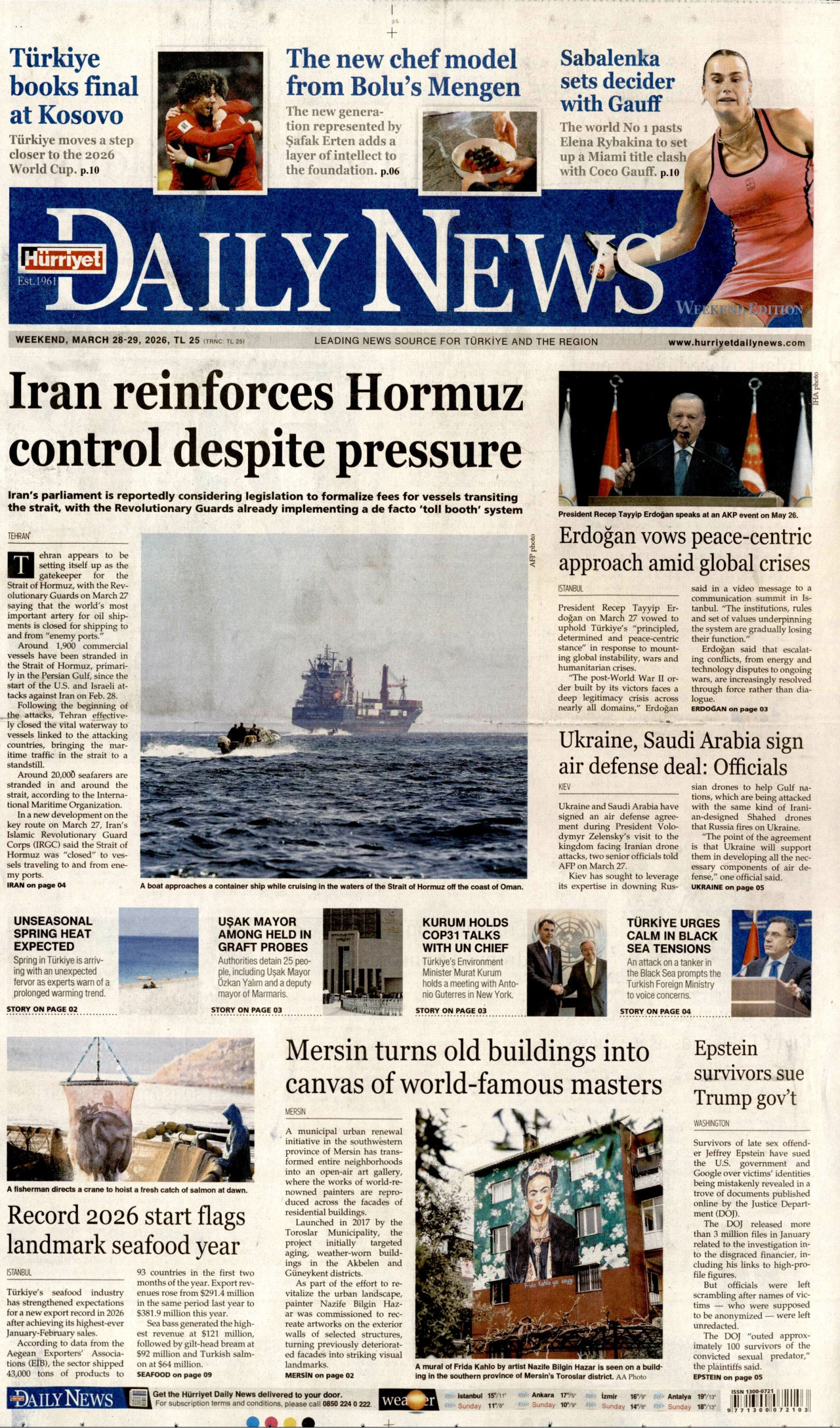 HÜRRİYET DAİLY NEWS gazetesinin 28 Mart 2026 tarihli birinci sayfası