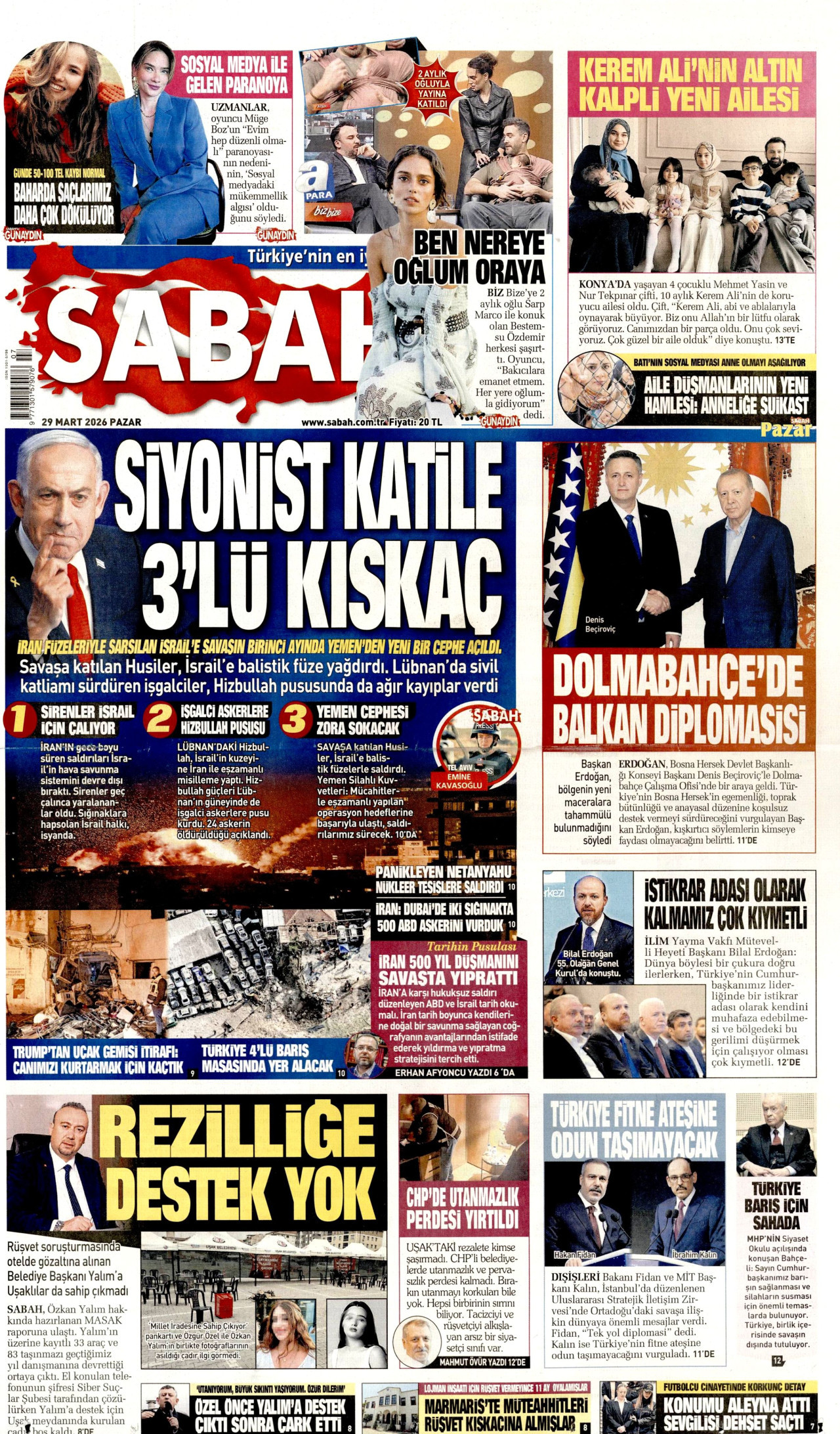 SABAH gazetesinin 29 Mart 2026 tarihli birinci sayfası