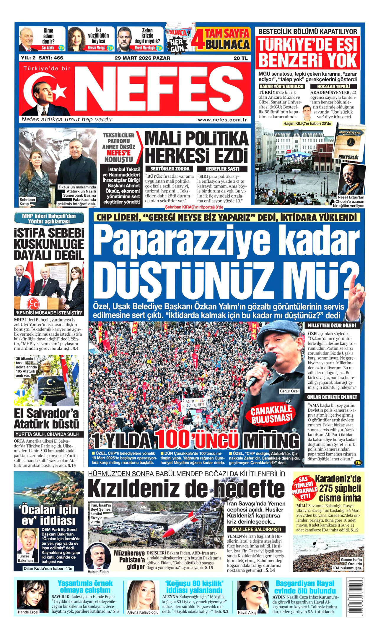 NEFES gazetesinin 29 Mart 2026 tarihli birinci sayfası