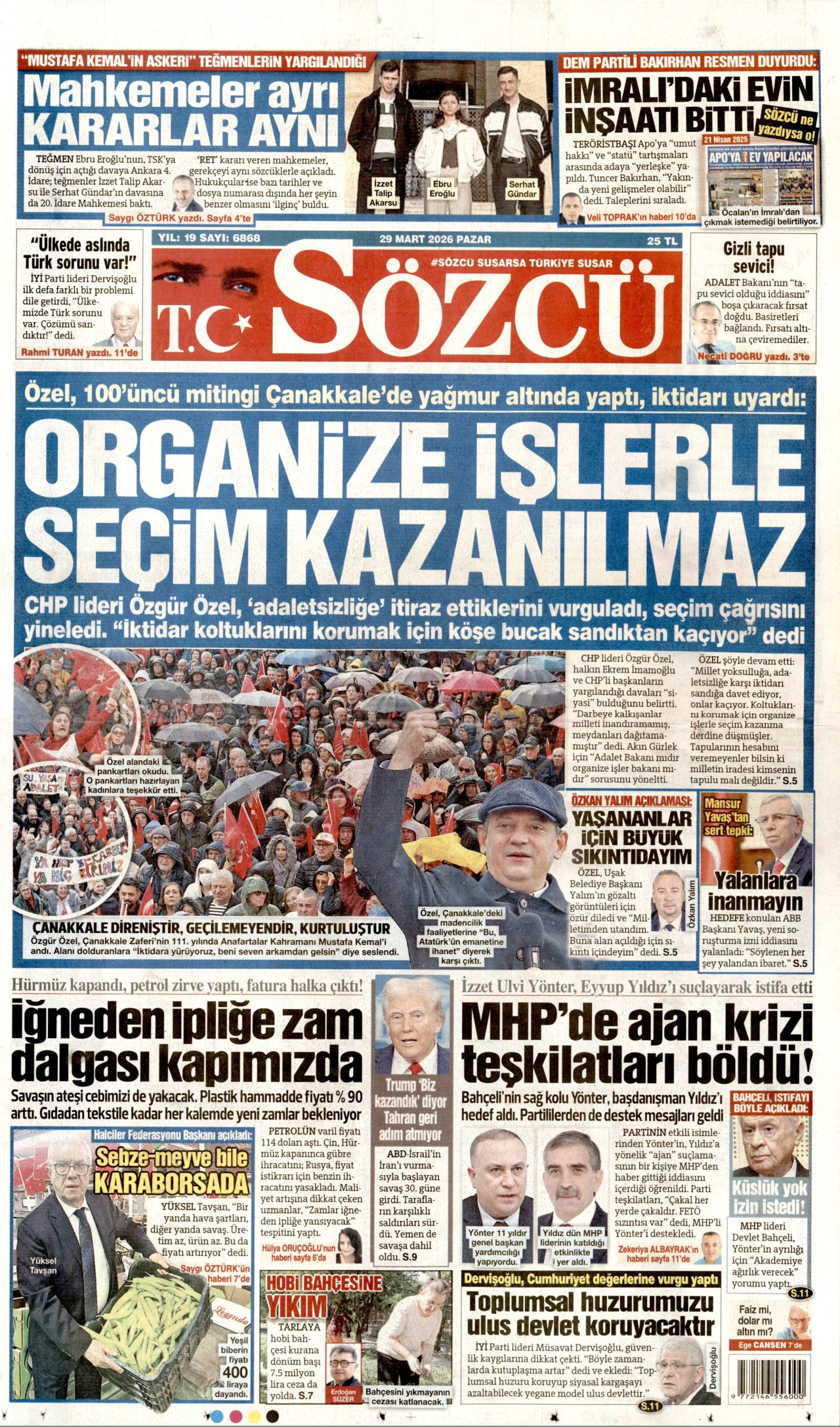 SÖZCÜ gazetesinin 29 Mart 2026 tarihli birinci sayfası