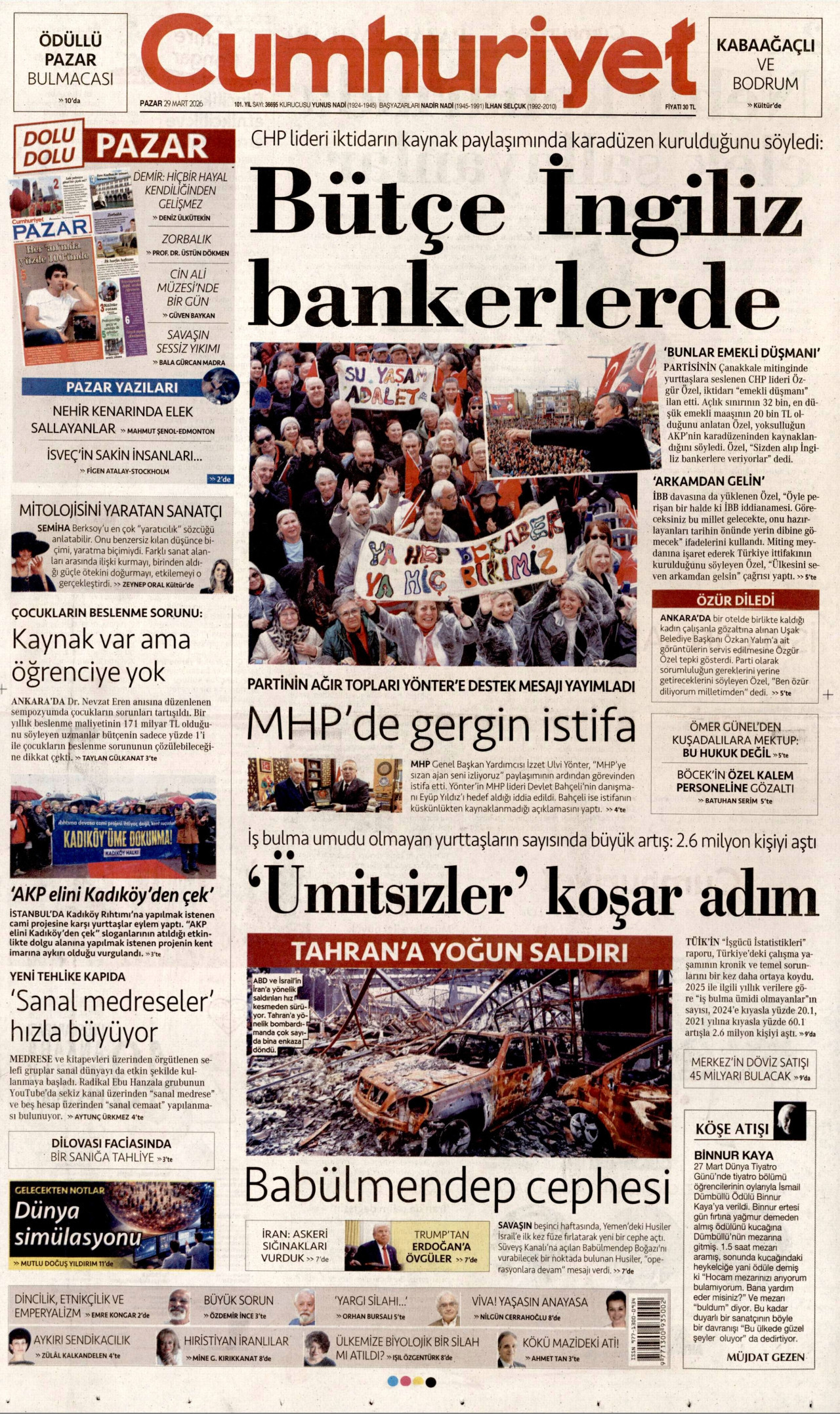 CUMHURİYET gazetesinin 29 Mart 2026 tarihli birinci sayfası