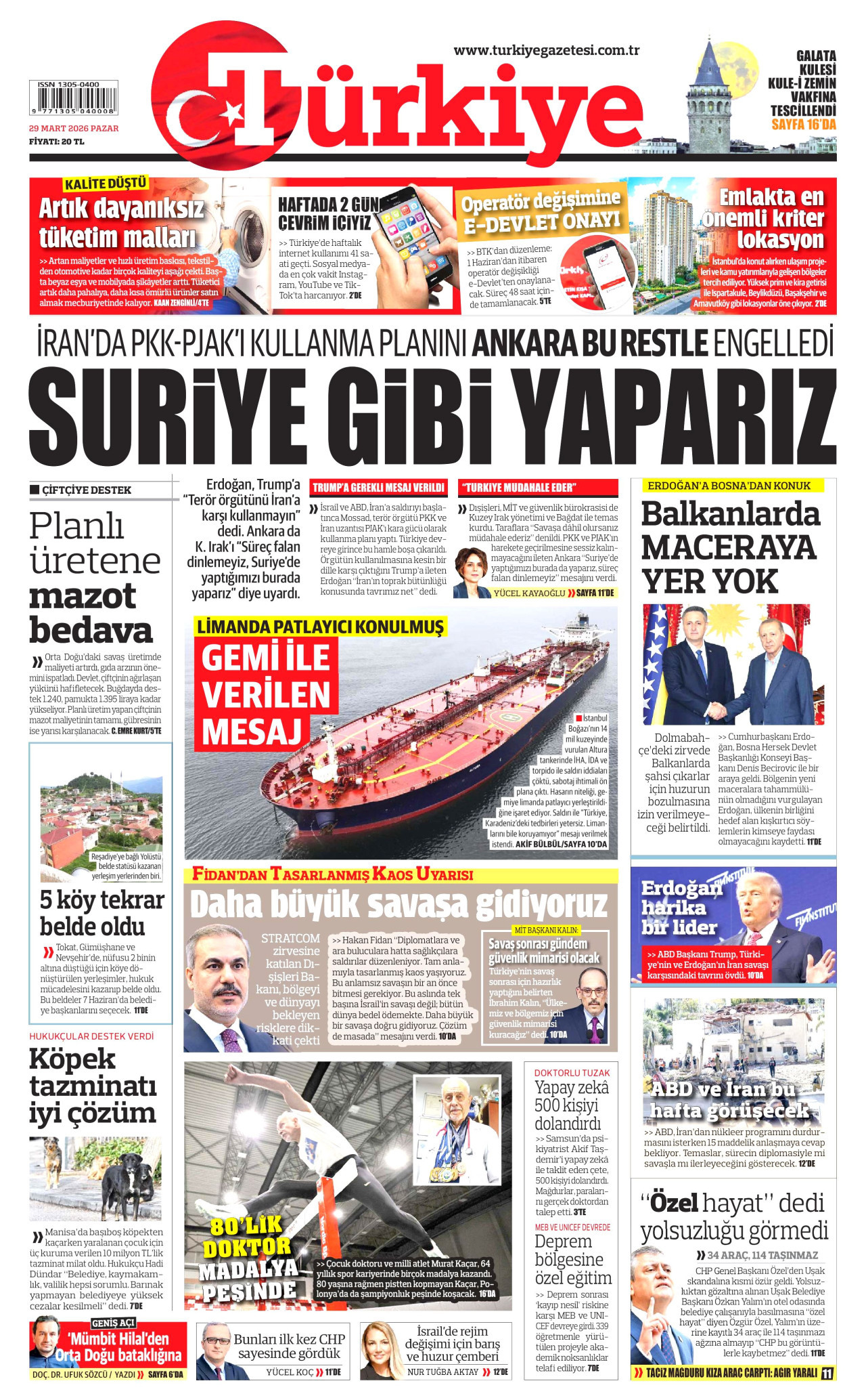 TÜRKİYE GAZETESİ gazetesinin 29 Mart 2026 tarihli birinci sayfası