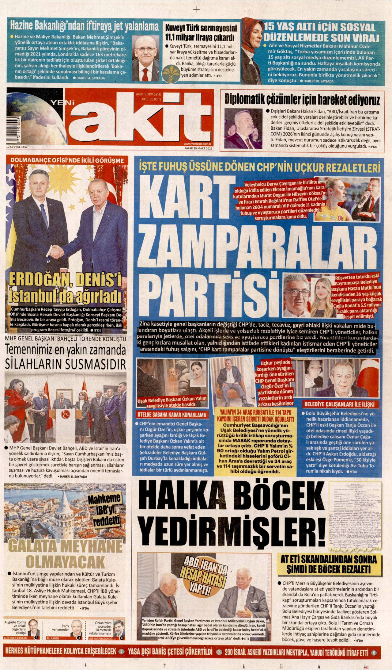 YENİ AKİT gazetesinin 29 Mart 2026 tarihli birinci sayfası