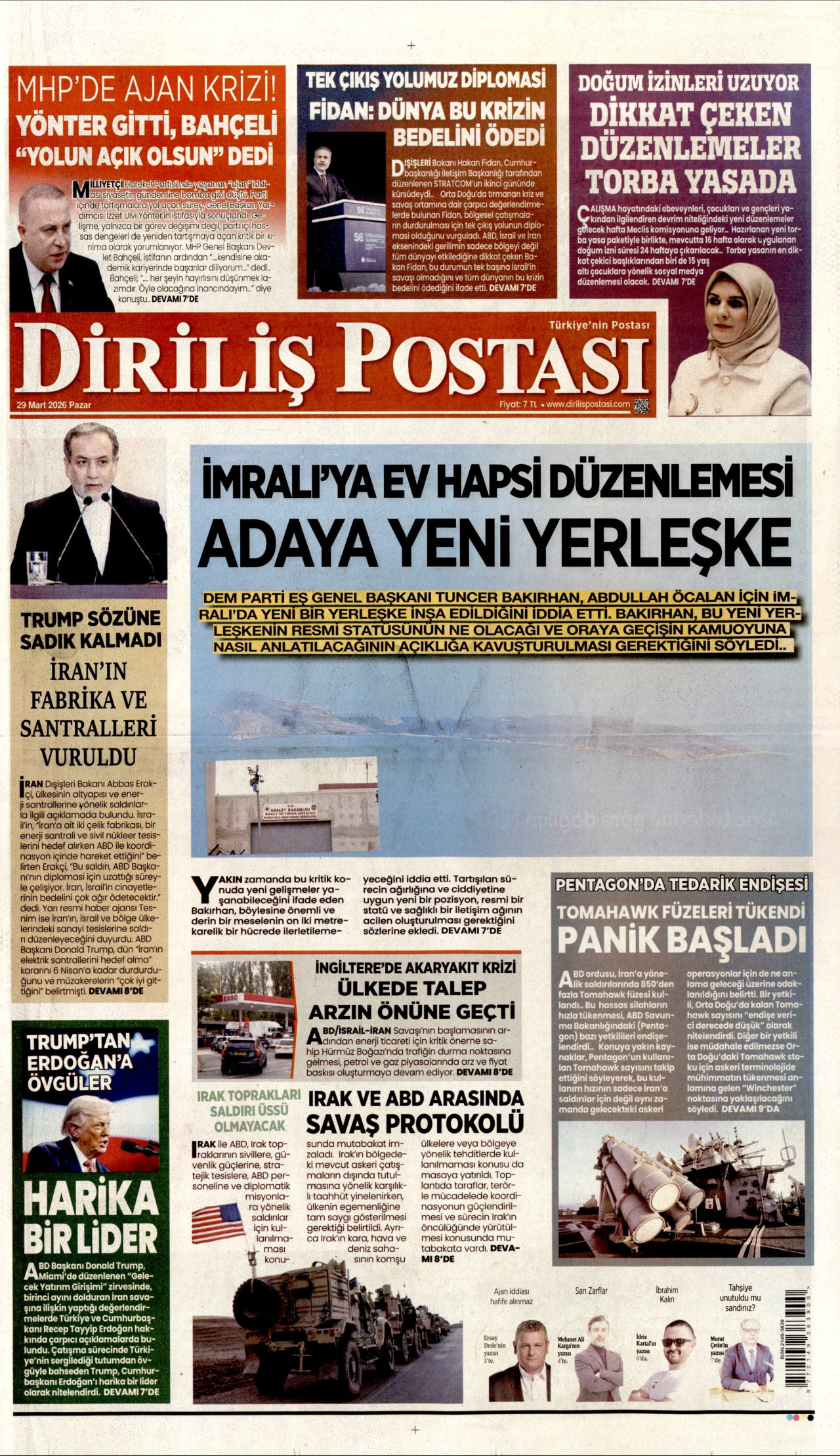 DİRİLİŞ POSTASI gazetesinin 29 Mart 2026 tarihli birinci sayfası