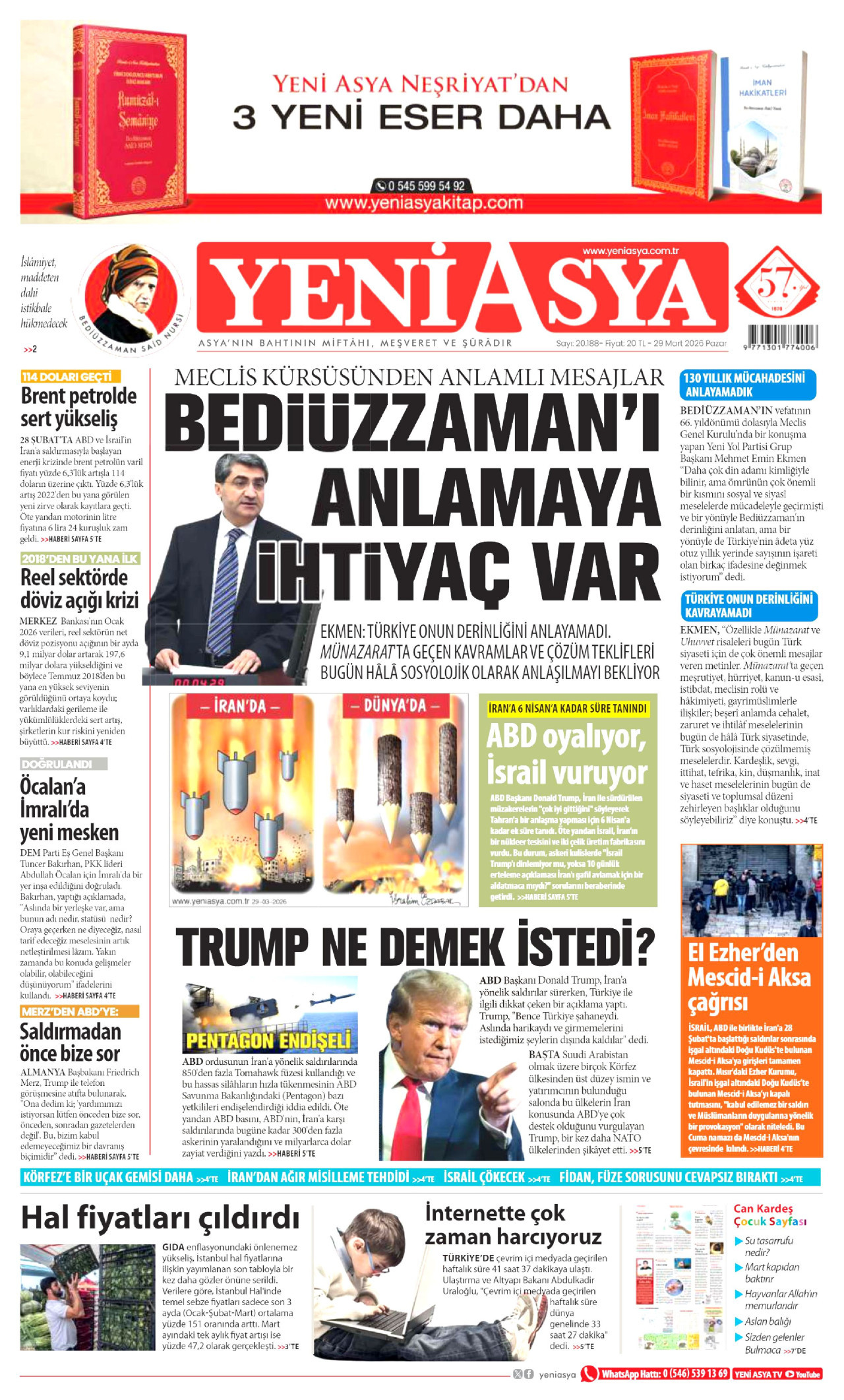YENİ ASYA gazetesinin 29 Mart 2026 tarihli birinci sayfası