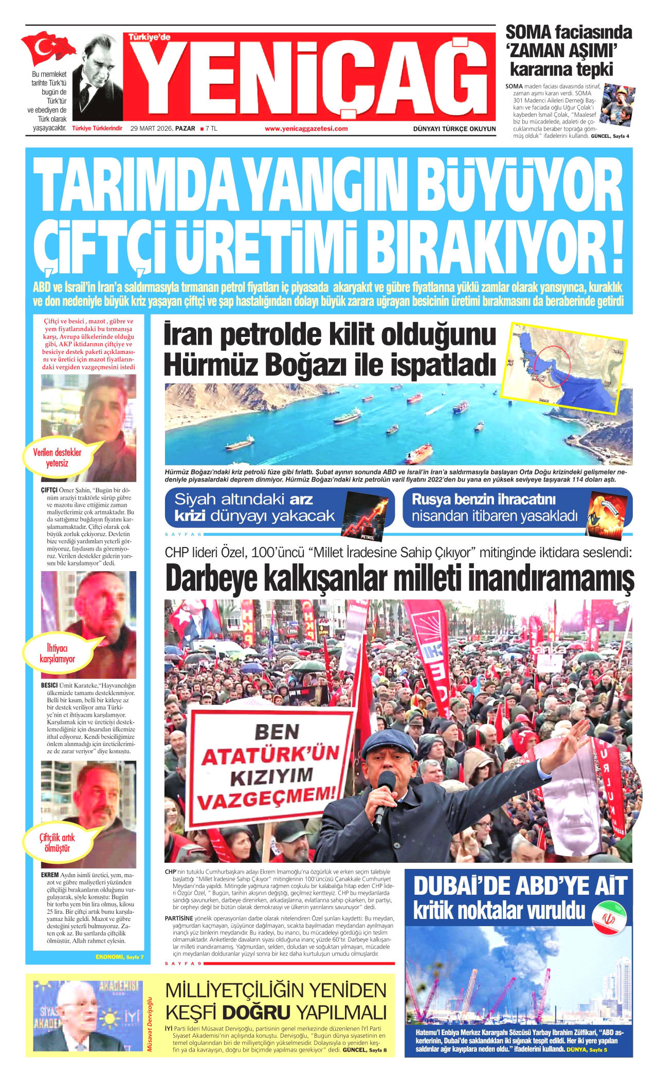 YENİÇAĞ gazetesinin 29 Mart 2026 tarihli birinci sayfası