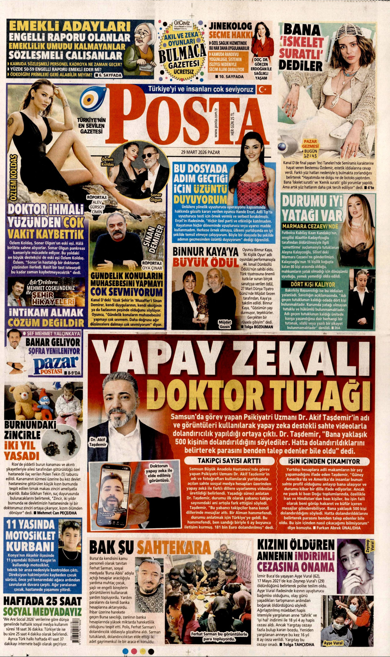 POSTA gazetesinin 29 Mart 2026 tarihli birinci sayfası