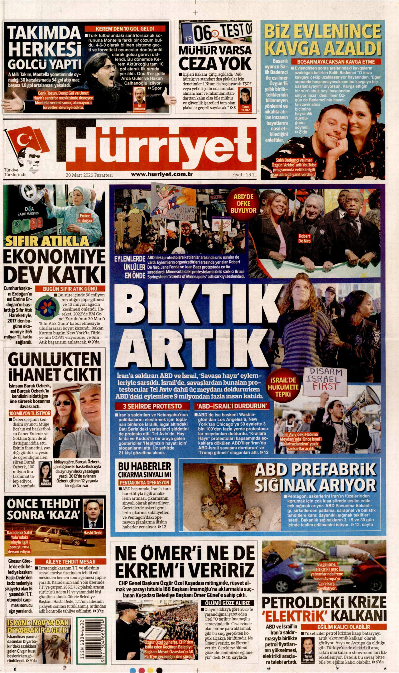 HÜRRİYET gazetesinin 30 Mart 2026 tarihli birinci sayfası