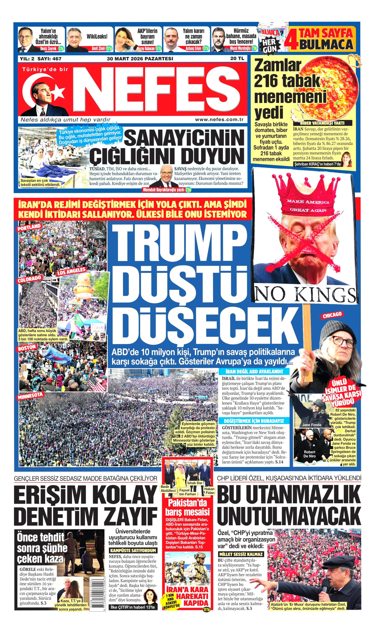 NEFES gazetesinin 30 Mart 2026 tarihli birinci sayfası
