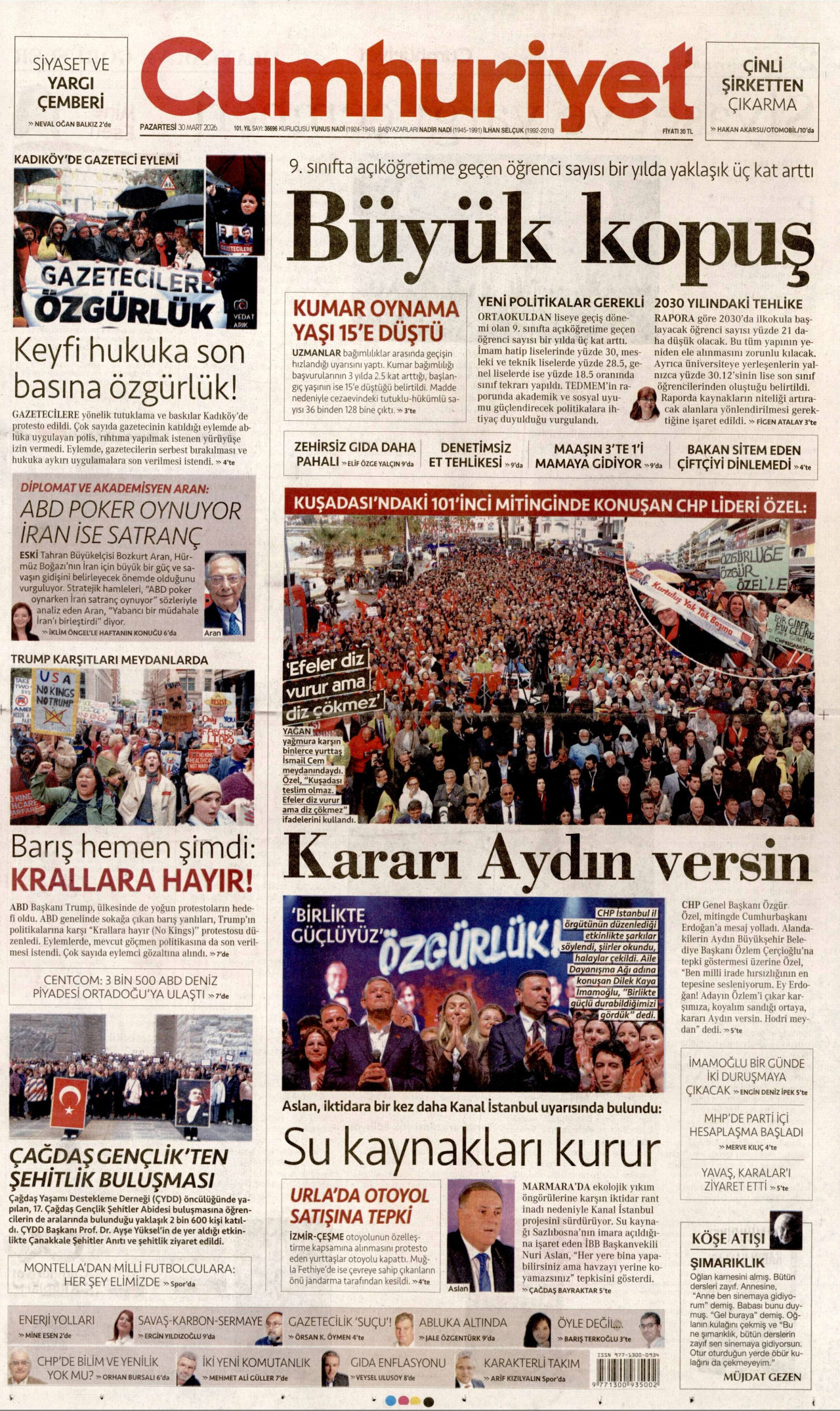 CUMHURİYET gazetesinin 30 Mart 2026 tarihli birinci sayfası