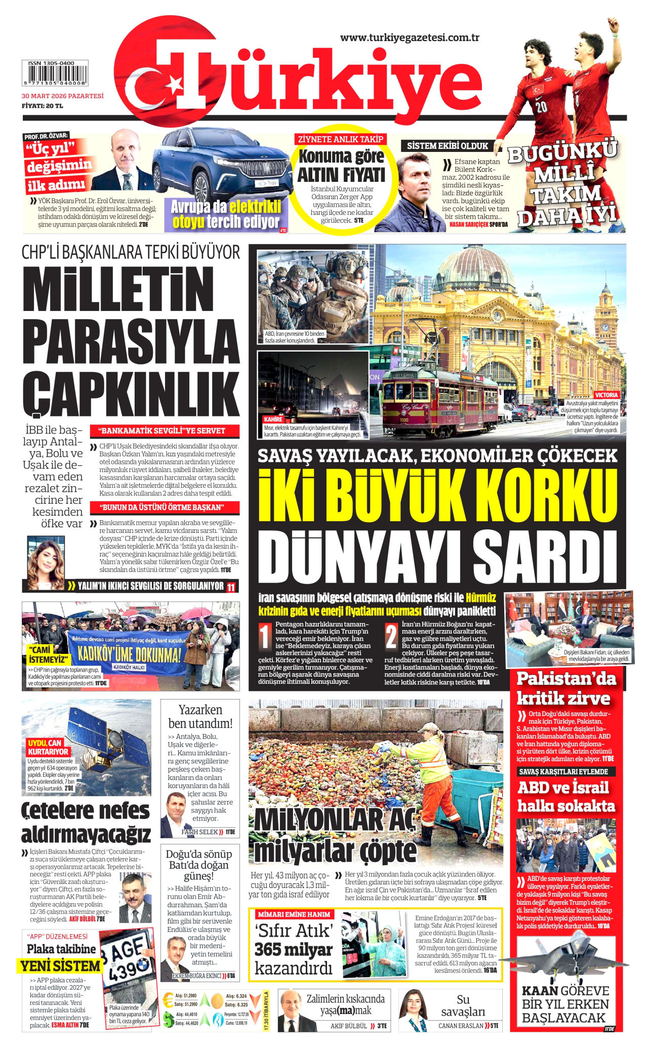 TÜRKİYE GAZETESİ gazetesinin 30 Mart 2026 tarihli birinci sayfası