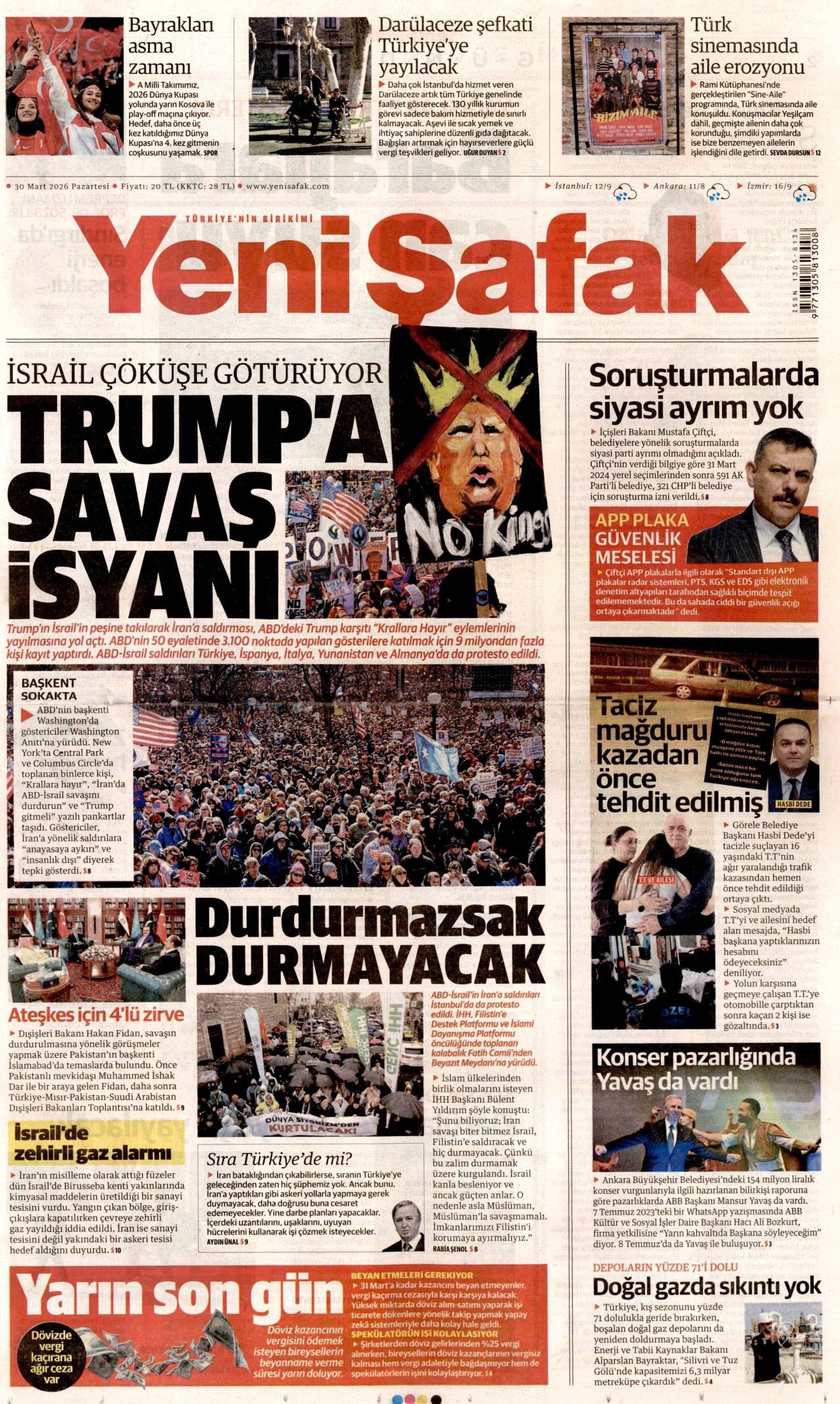 YENİ ŞAFAK gazetesinin 30 Mart 2026 tarihli birinci sayfası