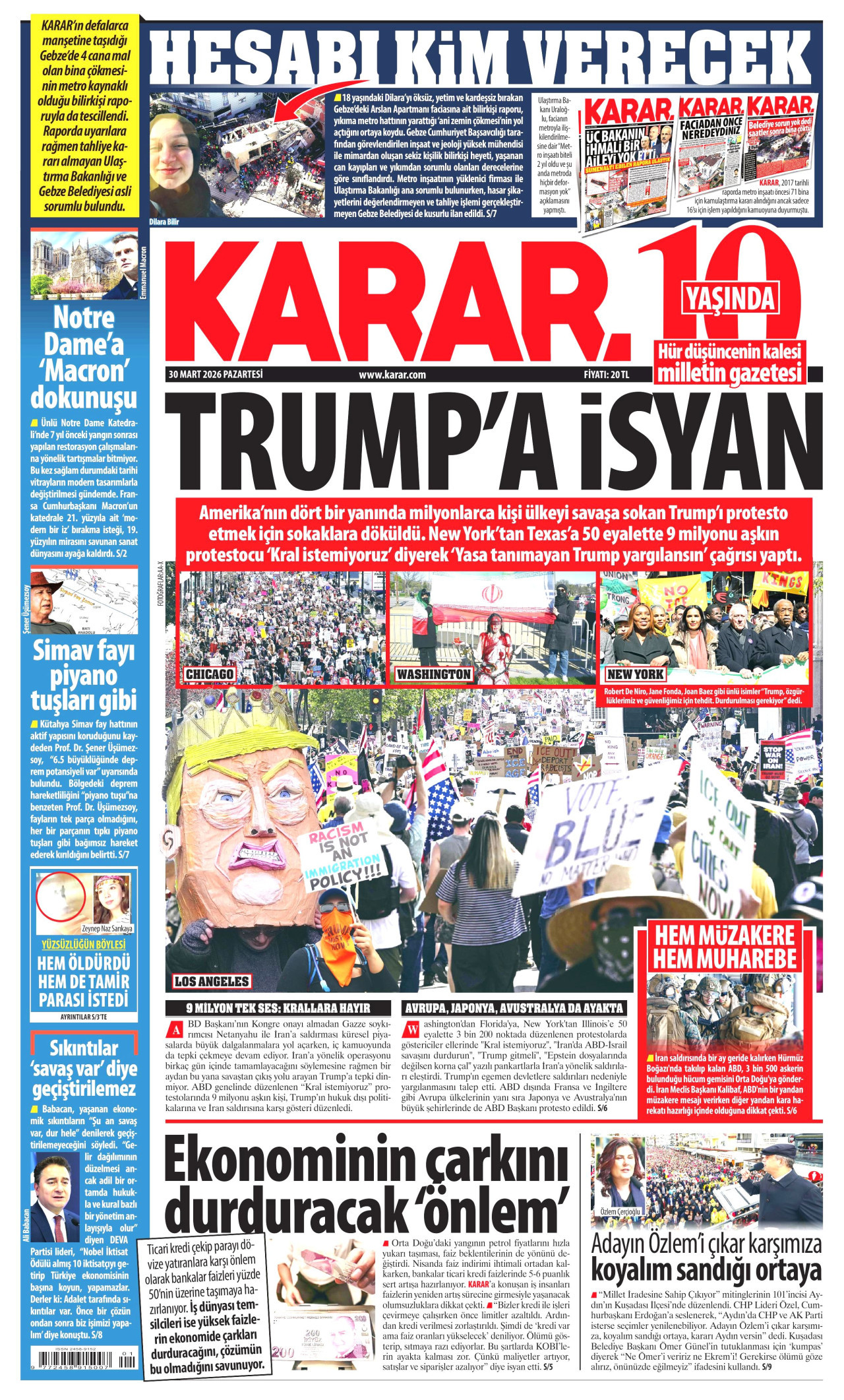 KARAR gazetesinin 30 Mart 2026 tarihli birinci sayfası