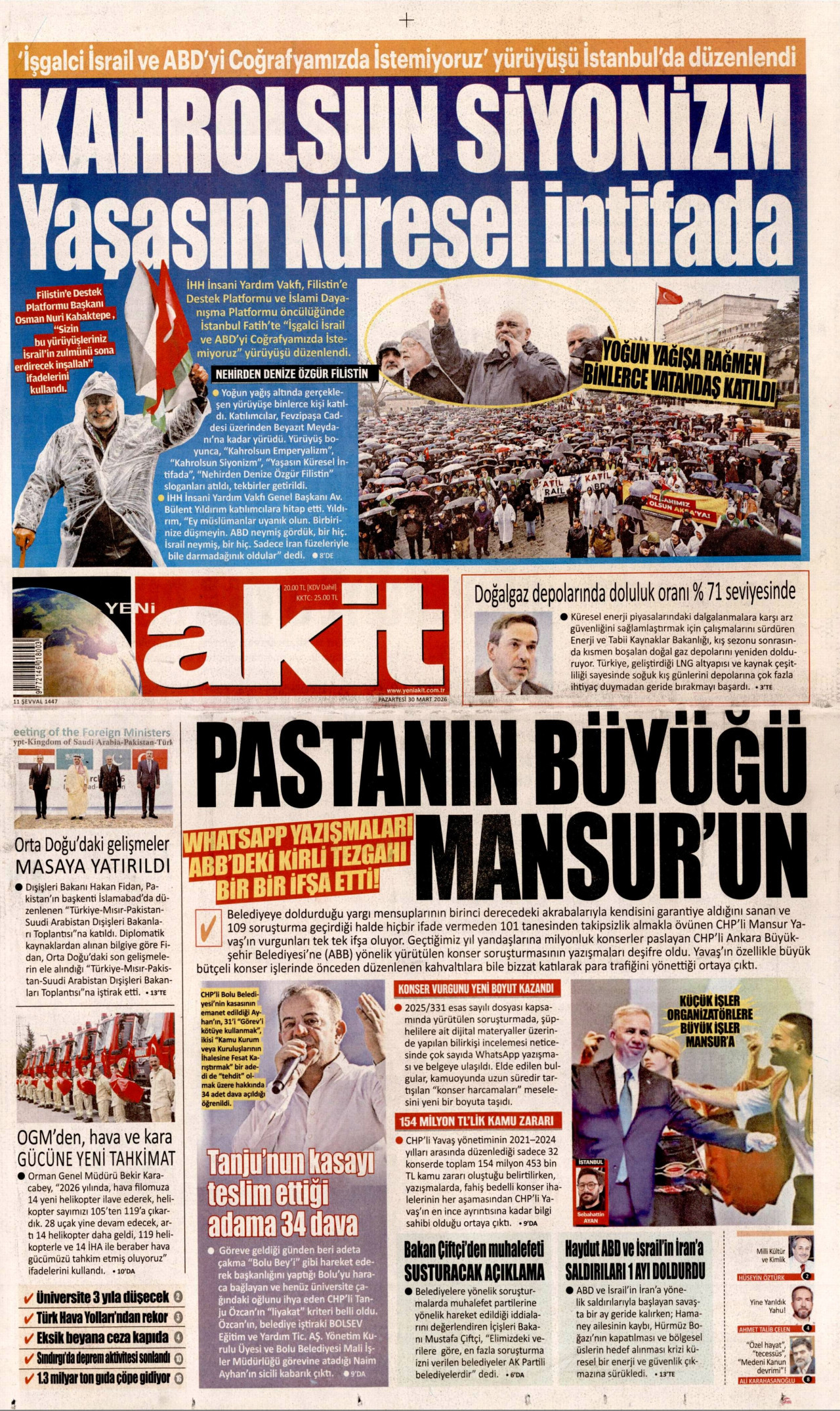YENİ AKİT gazetesinin 30 Mart 2026 tarihli birinci sayfası
