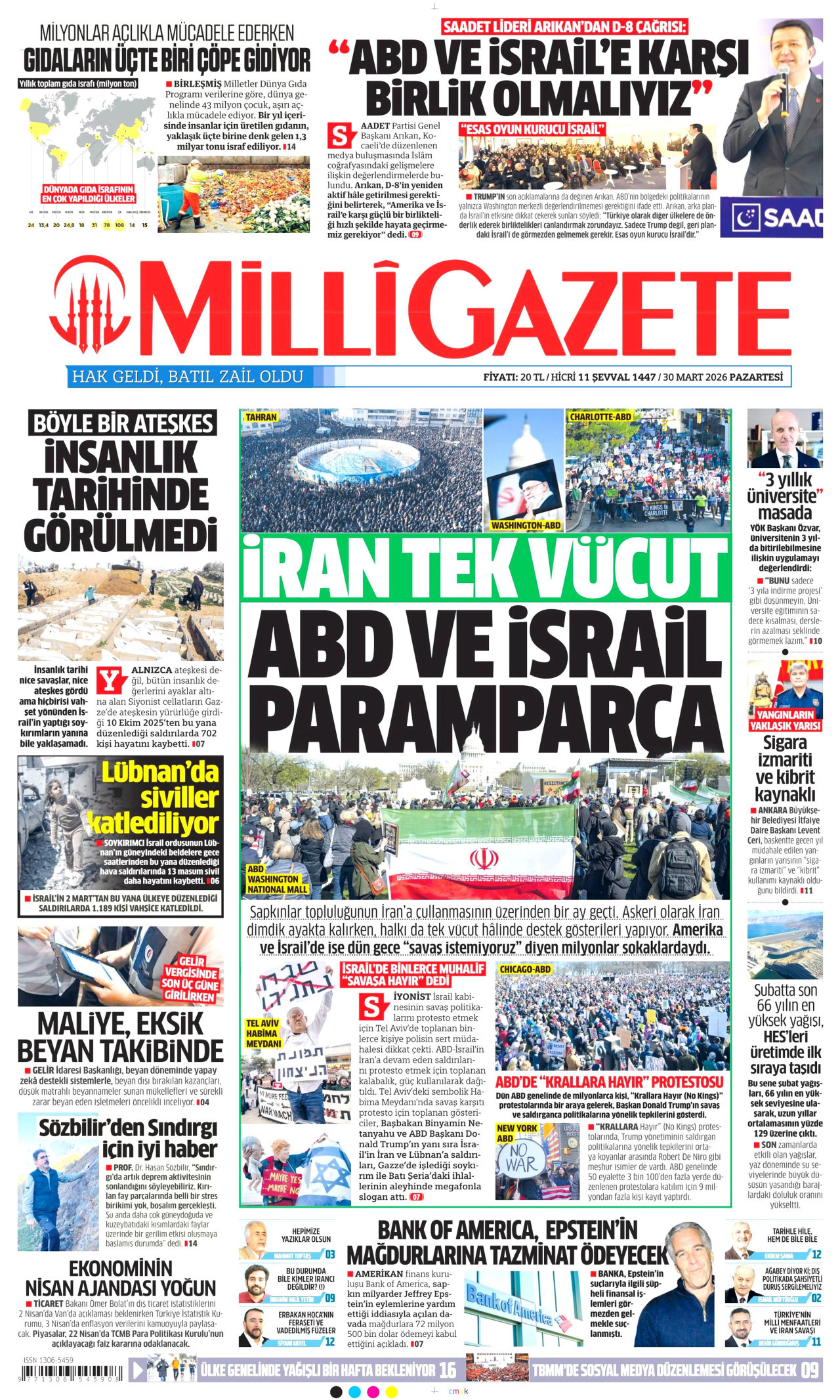 MİLLİ GAZETE gazetesinin 30 Mart 2026 tarihli birinci sayfası