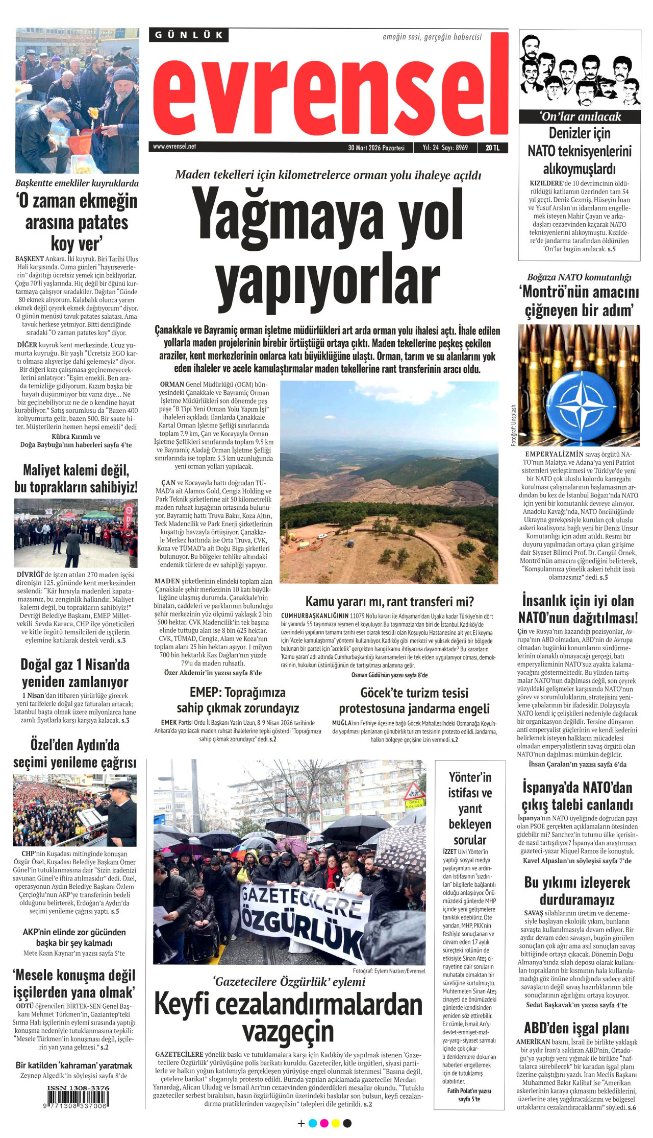 EVRENSEL gazetesinin 30 Mart 2026 tarihli birinci sayfası