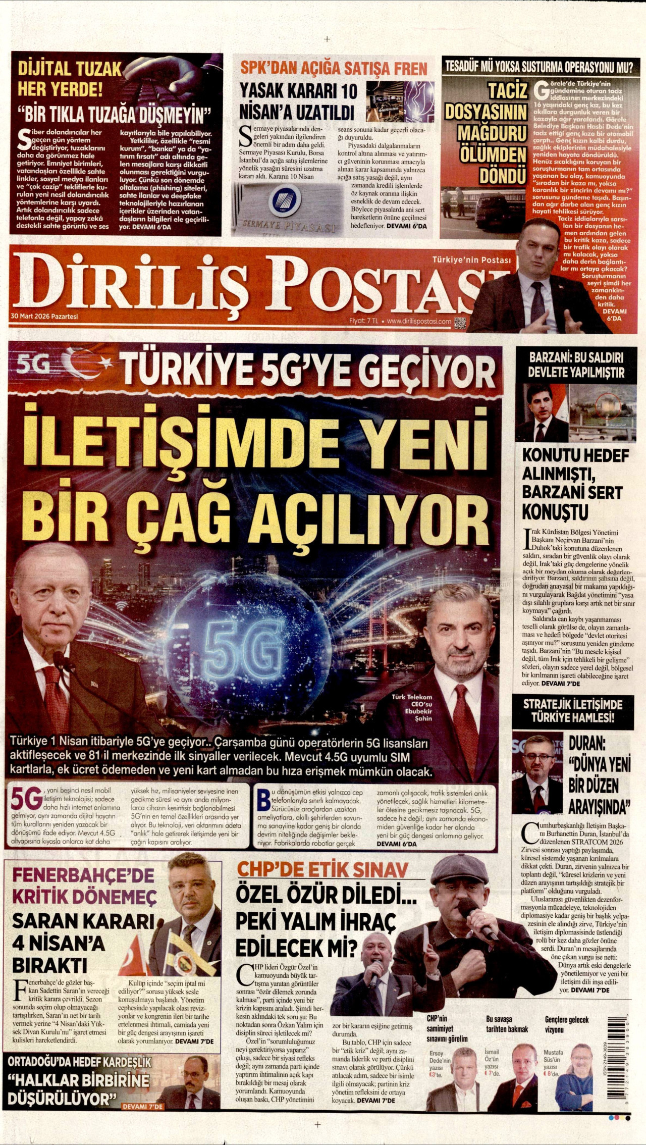 DİRİLİŞ POSTASI gazetesinin 30 Mart 2026 tarihli birinci sayfası