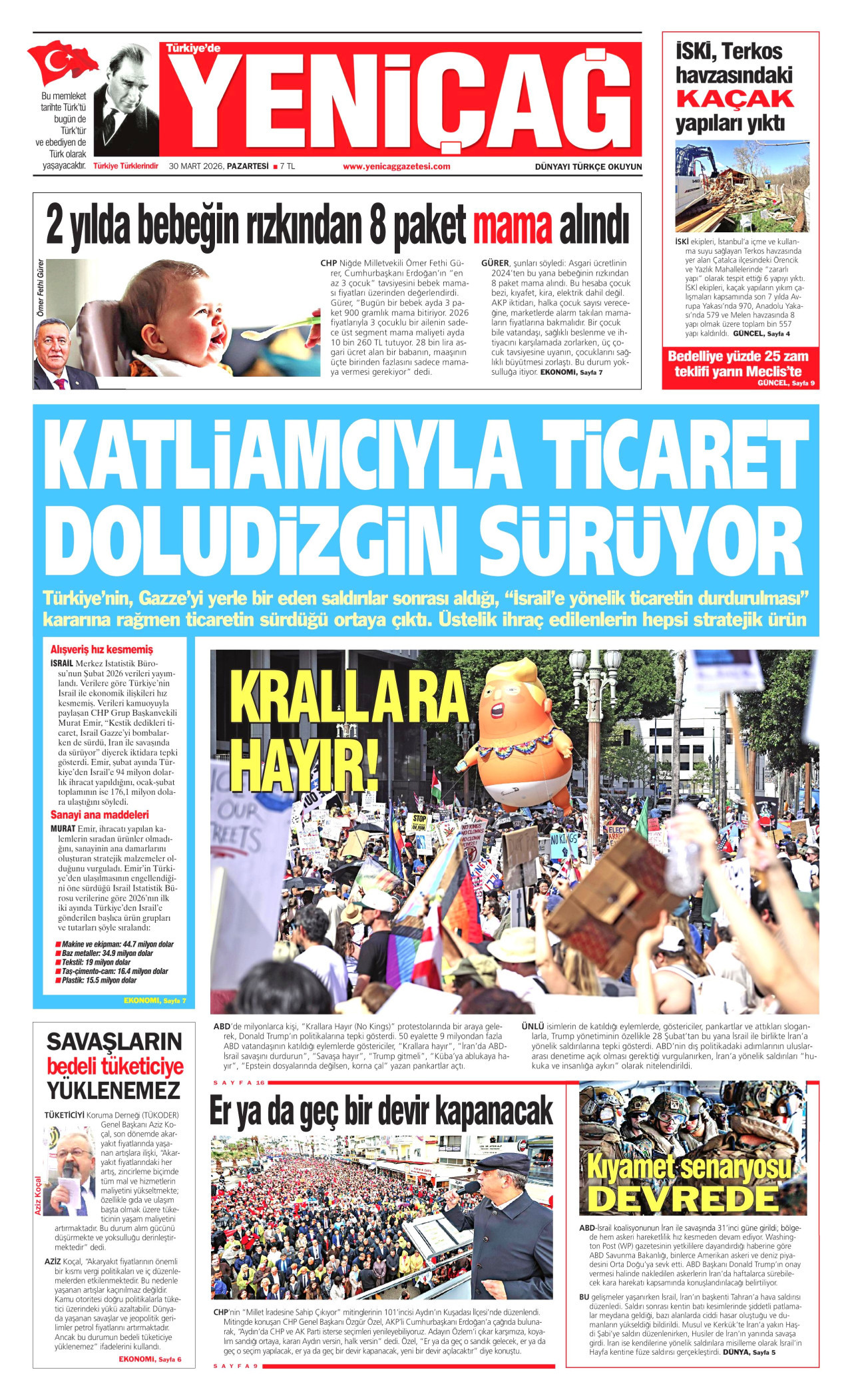 YENİÇAĞ gazetesinin 30 Mart 2026 tarihli birinci sayfası