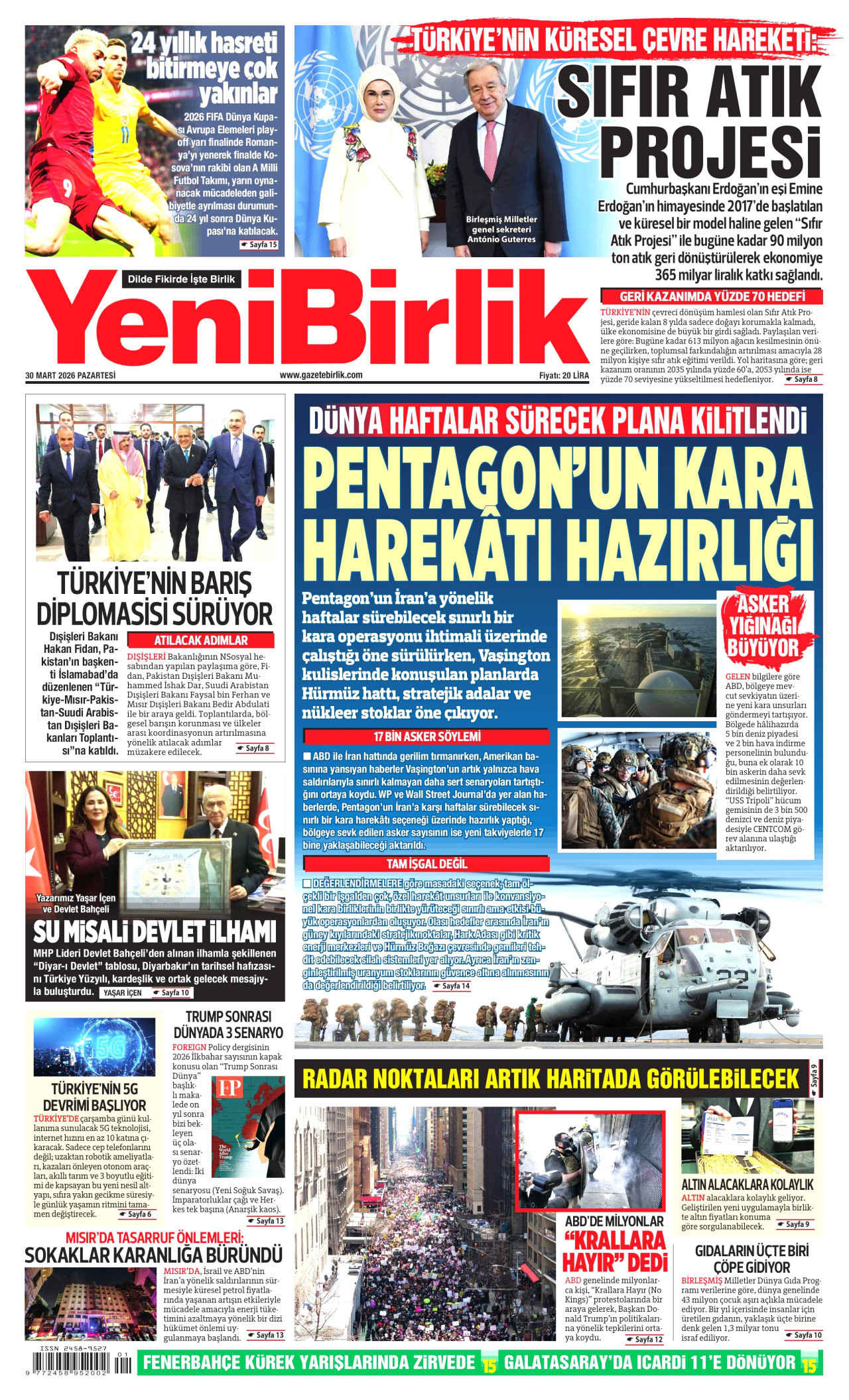 YENİBİRLİK gazetesinin 30 Mart 2026 tarihli birinci sayfası