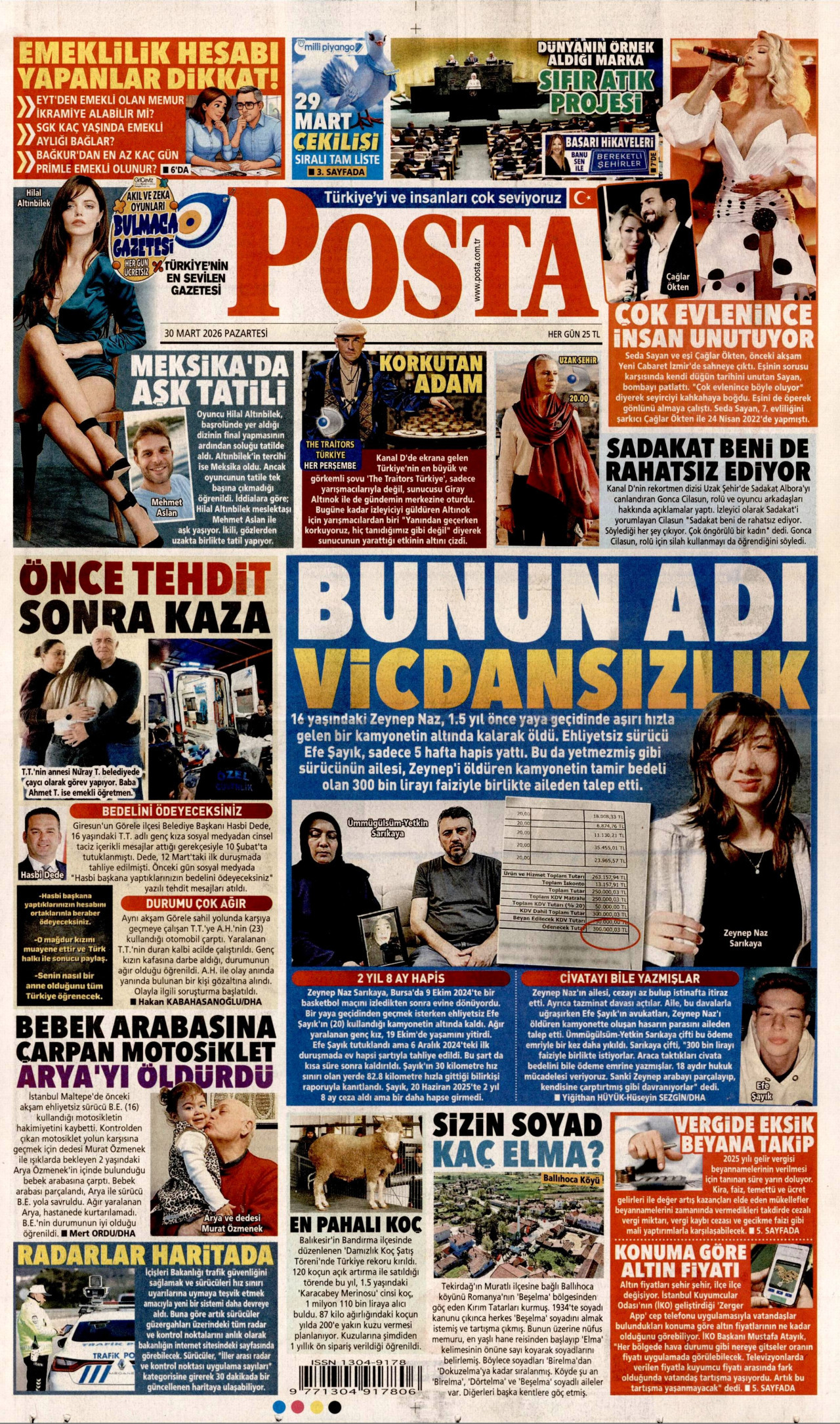 POSTA gazetesinin 30 Mart 2026 tarihli birinci sayfası