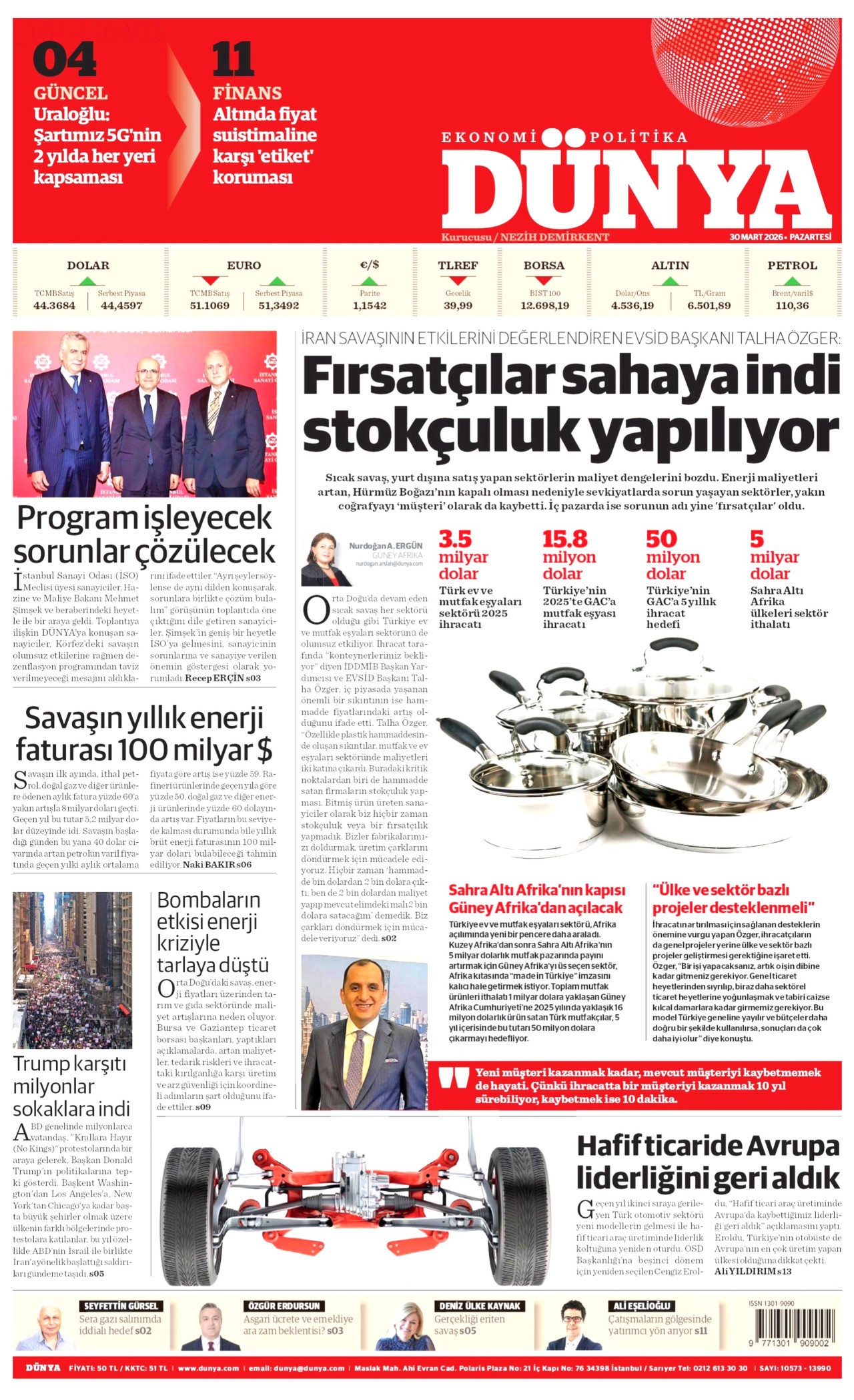DÜNYA gazetesinin 30 Mart 2026 tarihli birinci sayfası
