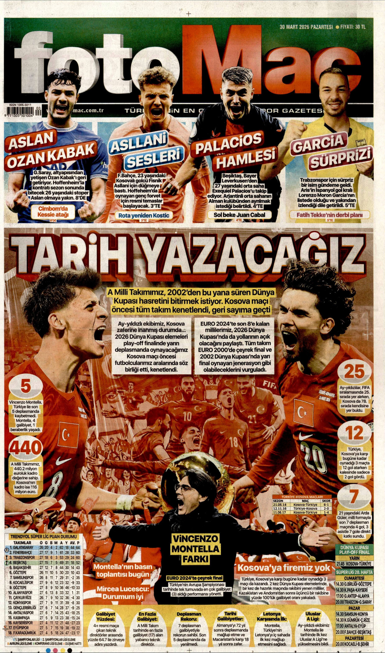 FOTOMAÇ gazetesinin 30 Mart 2026 tarihli birinci sayfası