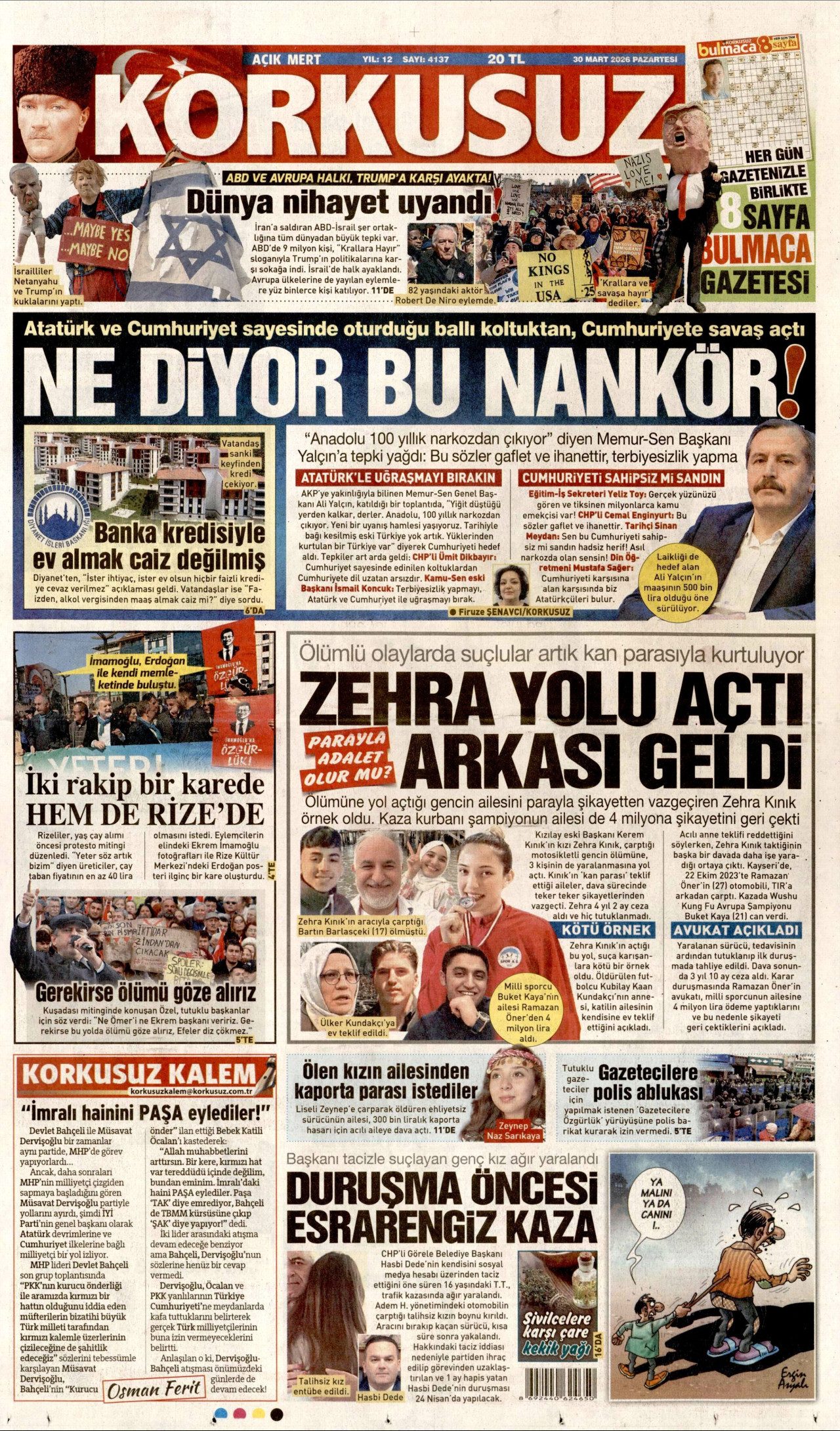 KORKUSUZ gazetesinin 30 Mart 2026 tarihli birinci sayfası