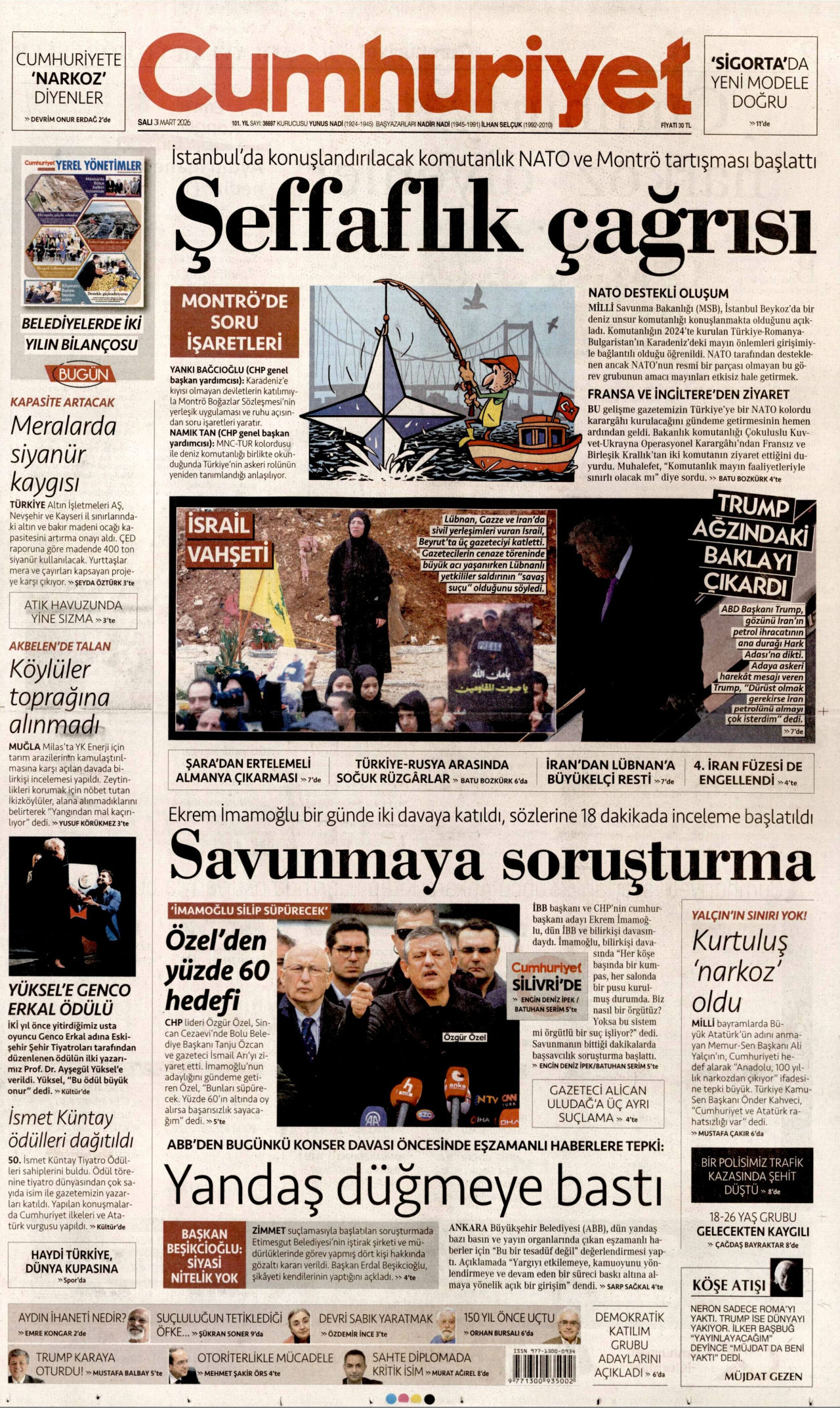 CUMHURİYET gazetesinin 31 Mart 2026 tarihli birinci sayfası