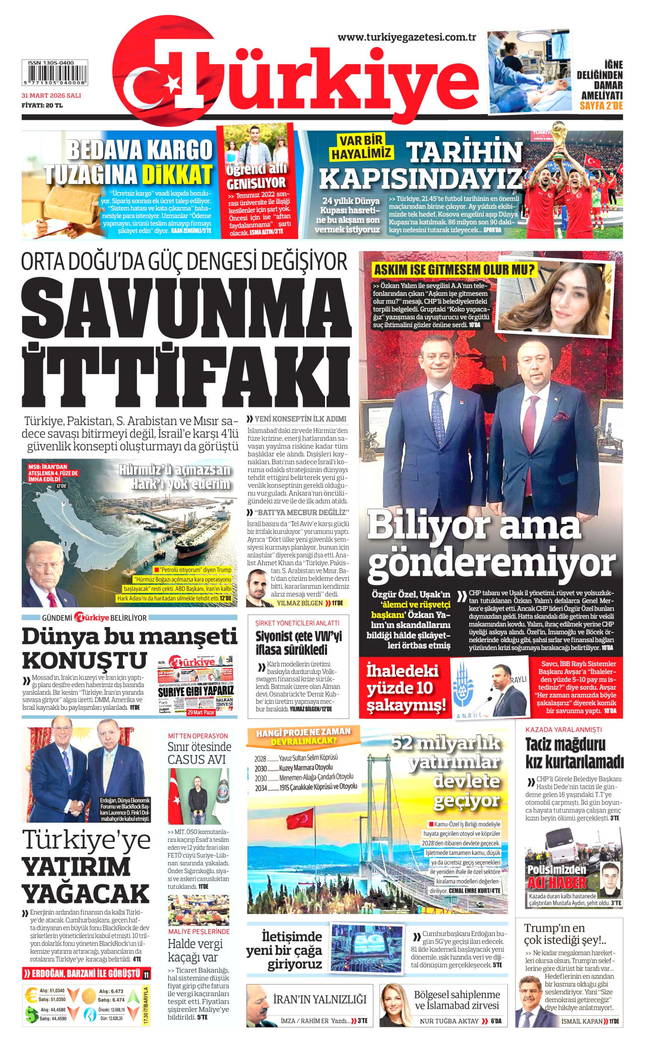 TÜRKİYE GAZETESİ gazetesinin 31 Mart 2026 tarihli birinci sayfası