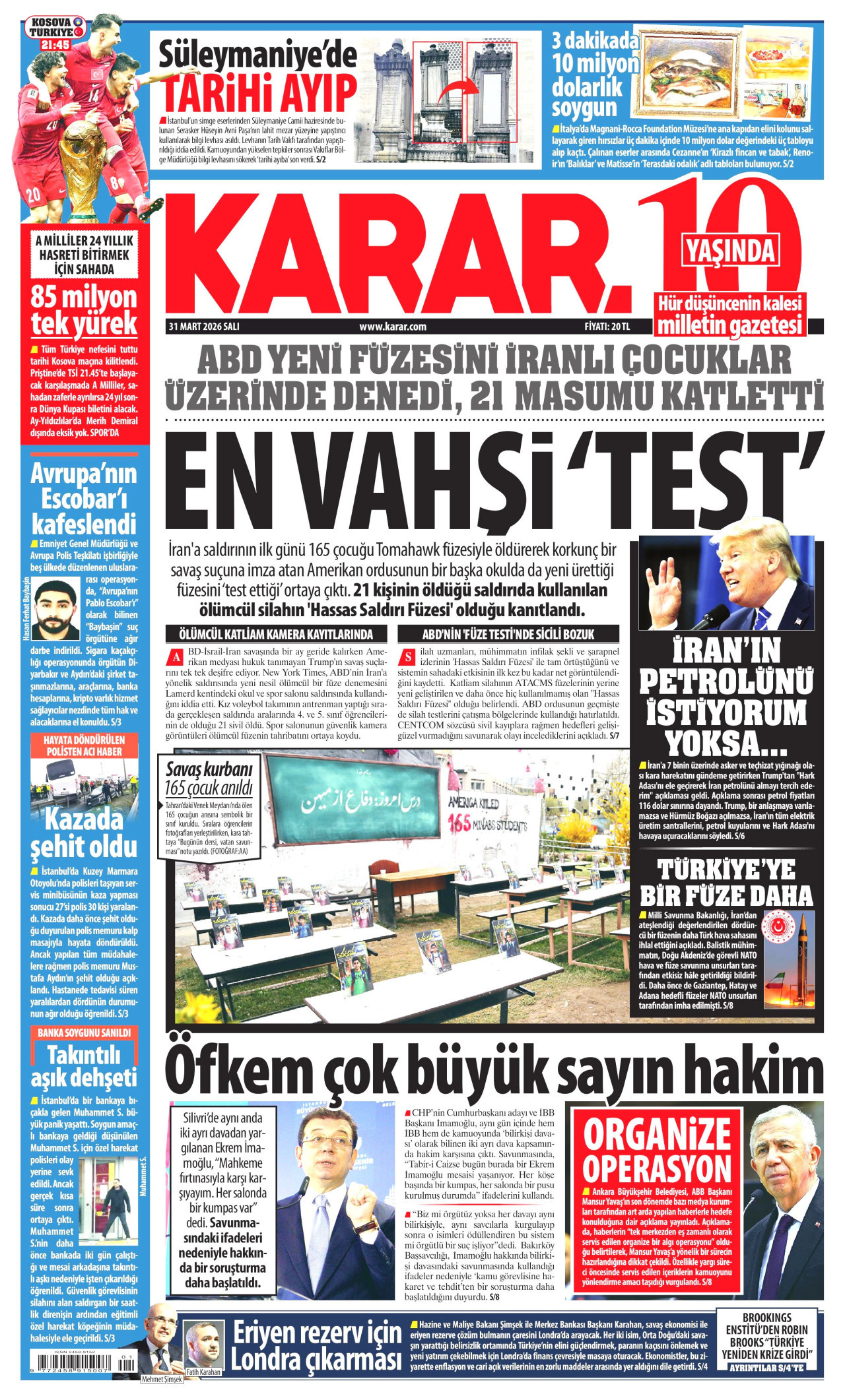 KARAR gazetesinin 31 Mart 2026 tarihli birinci sayfası