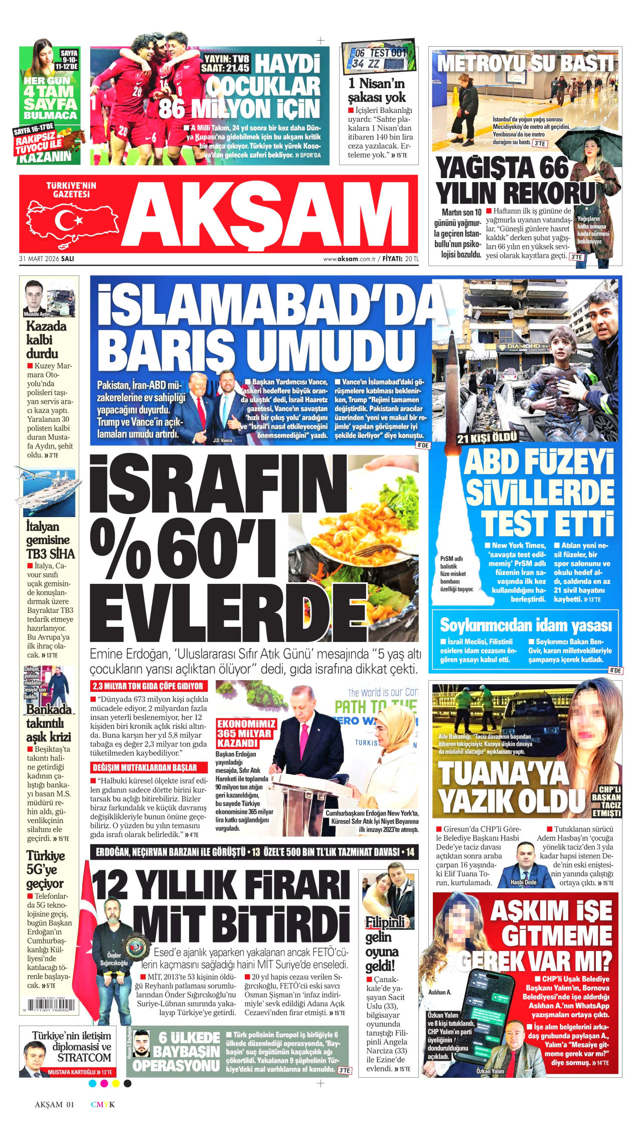 AKŞAM gazetesinin 31 Mart 2026 tarihli birinci sayfası