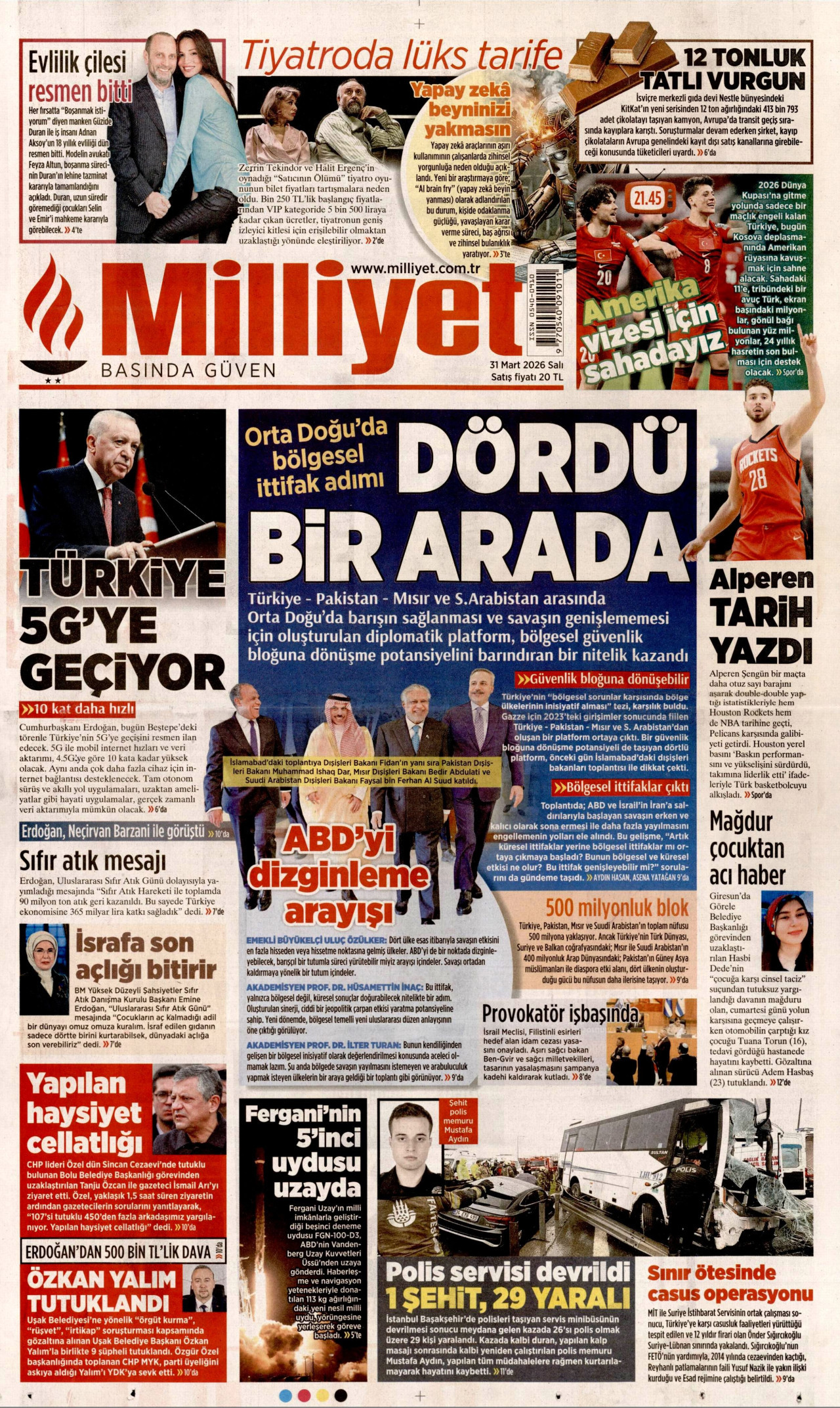 MİLLİYET gazetesinin 31 Mart 2026 tarihli birinci sayfası