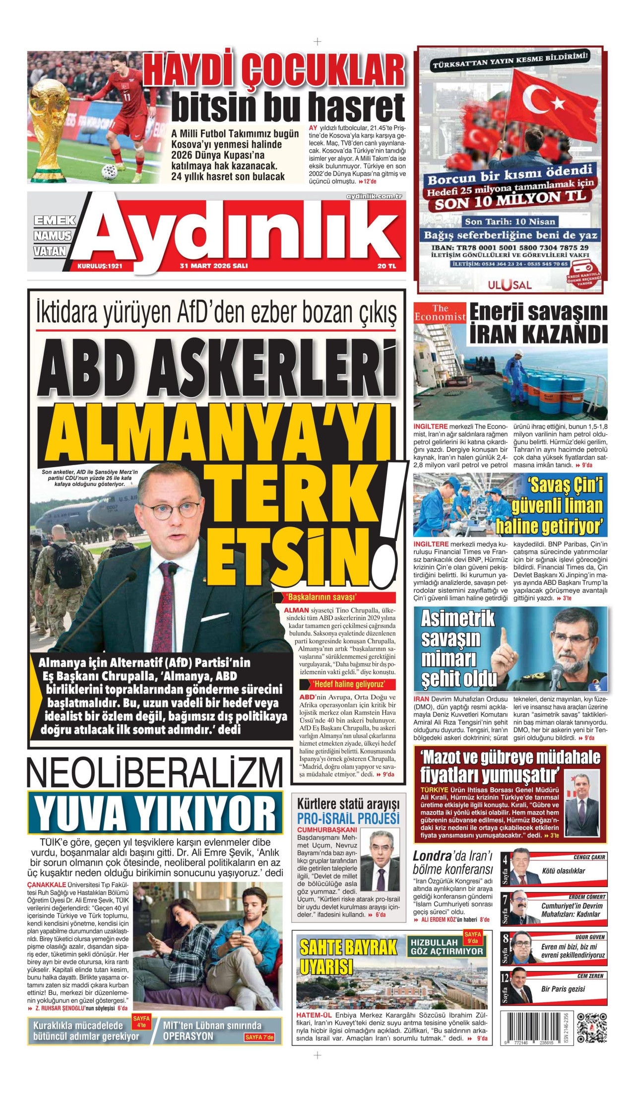 AYDINLIK GAZETESİ gazetesinin 31 Mart 2026 tarihli birinci sayfası