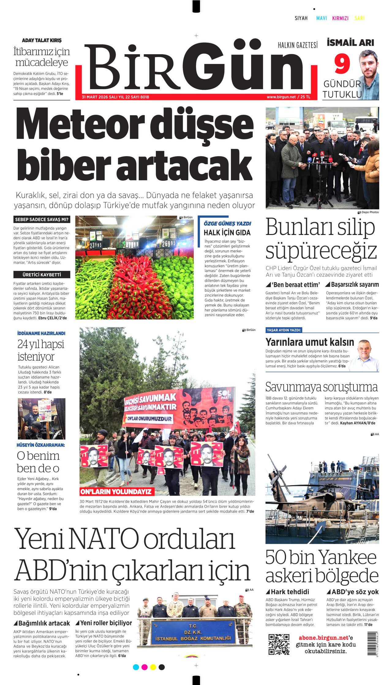 BİRGÜN gazetesinin 31 Mart 2026 tarihli birinci sayfası