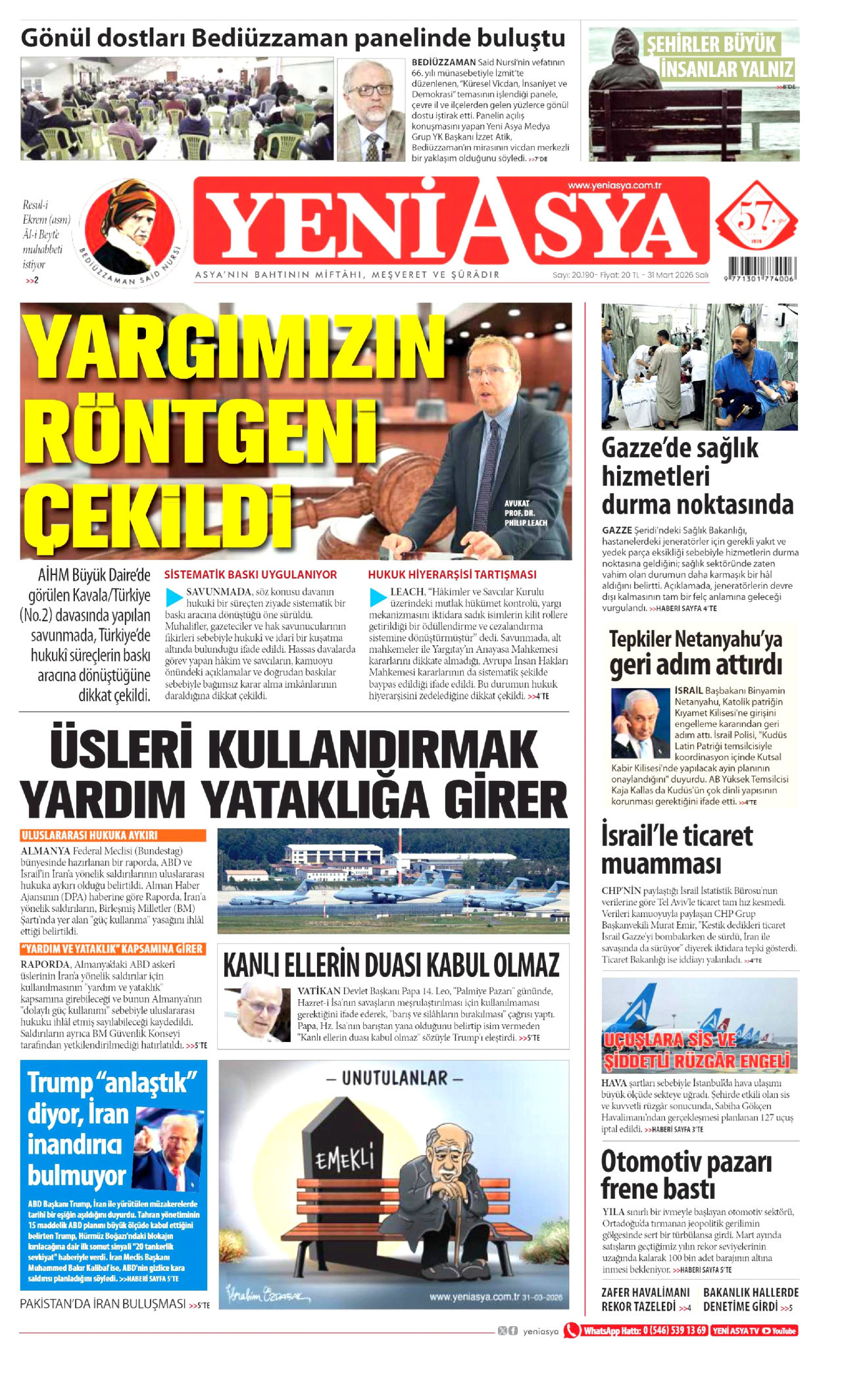 YENİ ASYA gazetesinin 31 Mart 2026 tarihli birinci sayfası