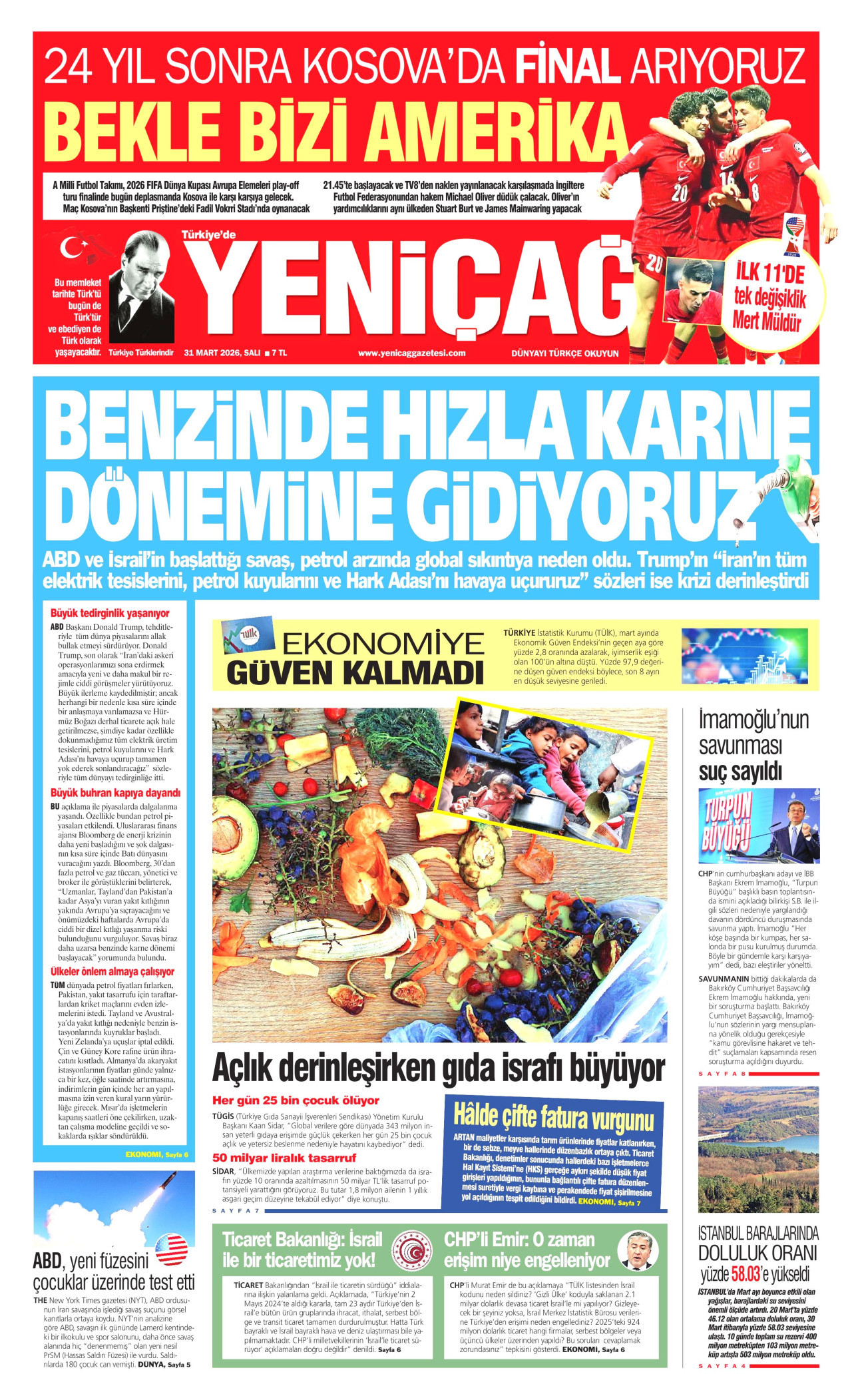 YENİÇAĞ gazetesinin 31 Mart 2026 tarihli birinci sayfası