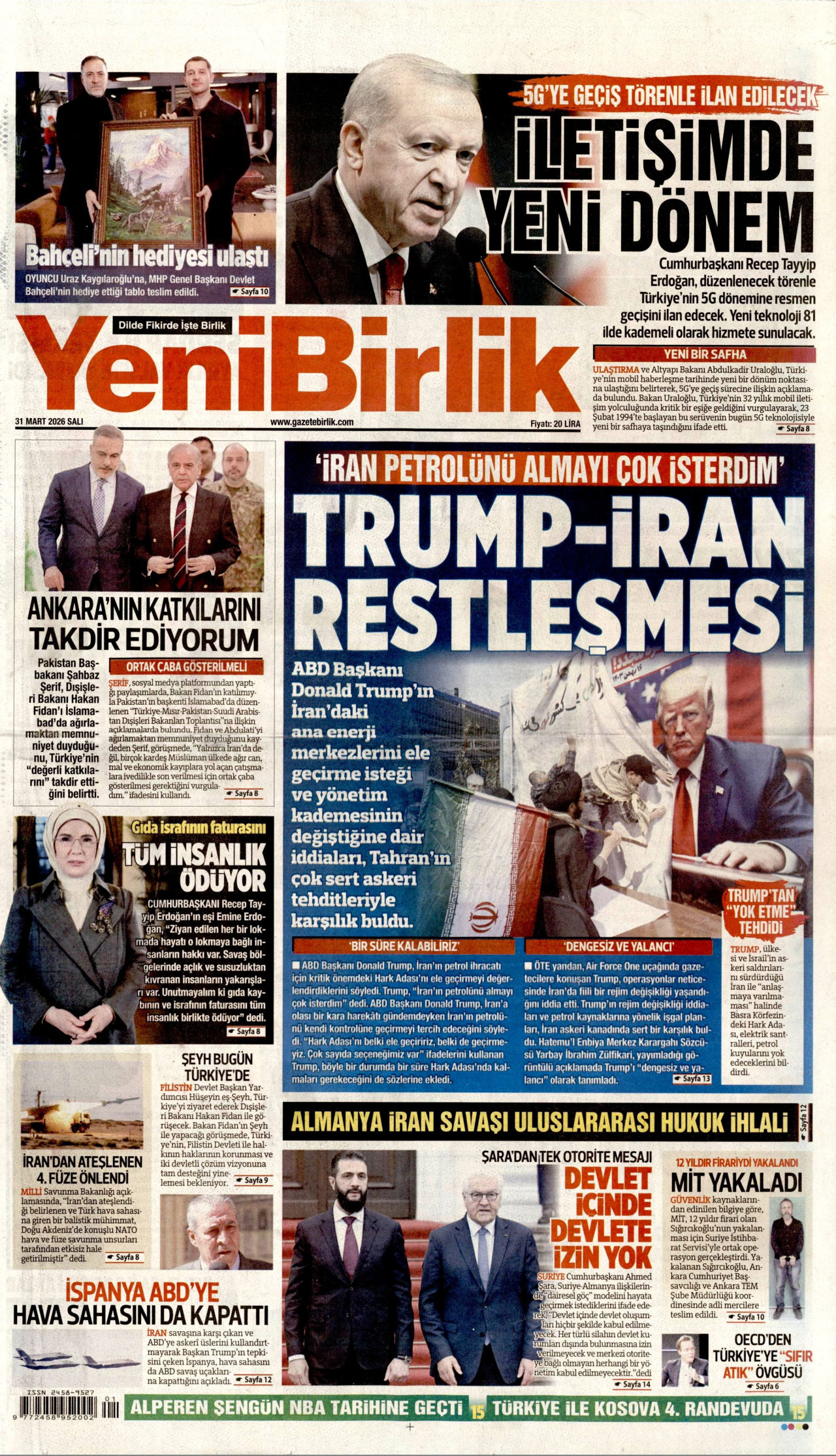 YENİBİRLİK gazetesinin 31 Mart 2026 tarihli birinci sayfası
