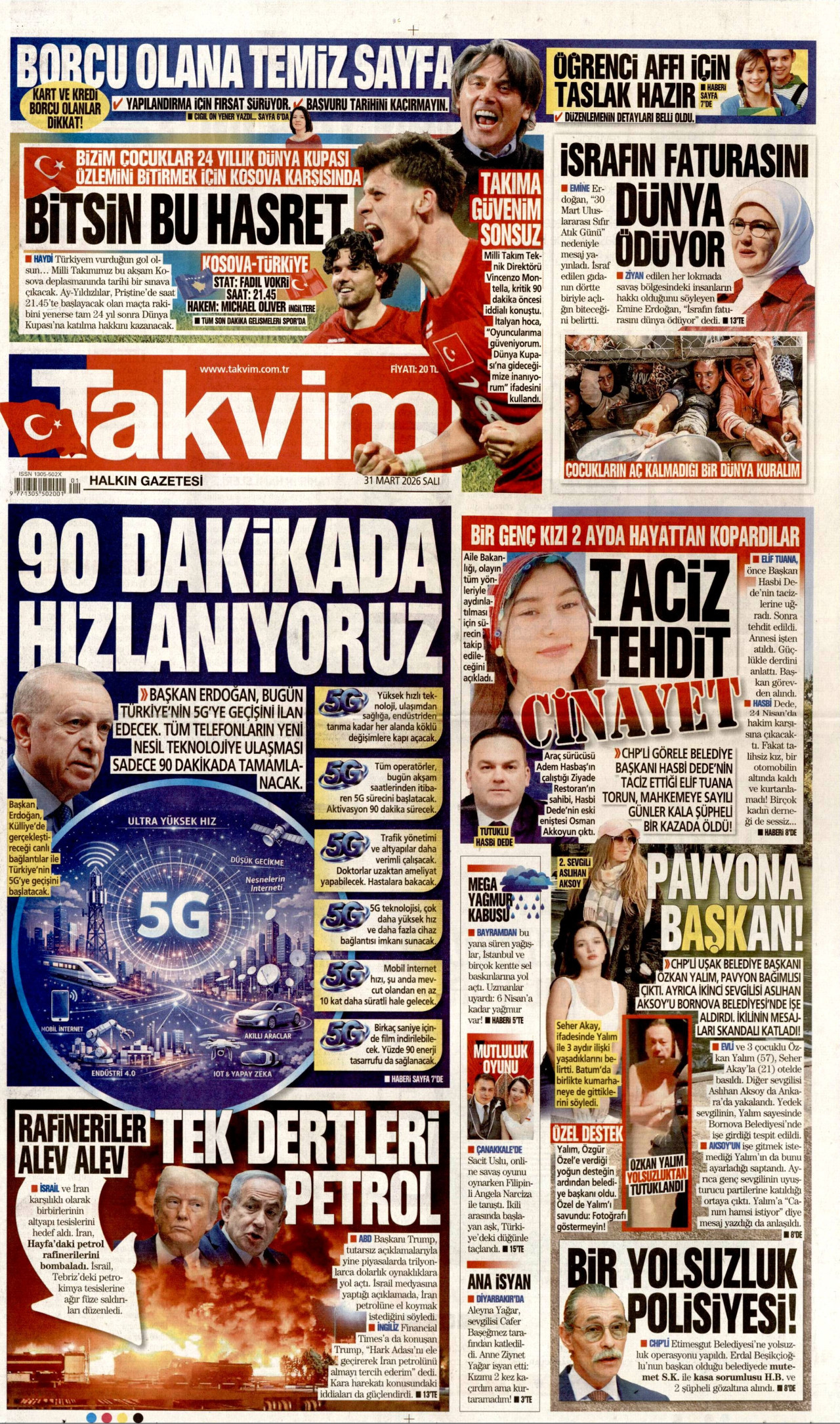 TAKVİM gazetesinin 31 Mart 2026 tarihli birinci sayfası