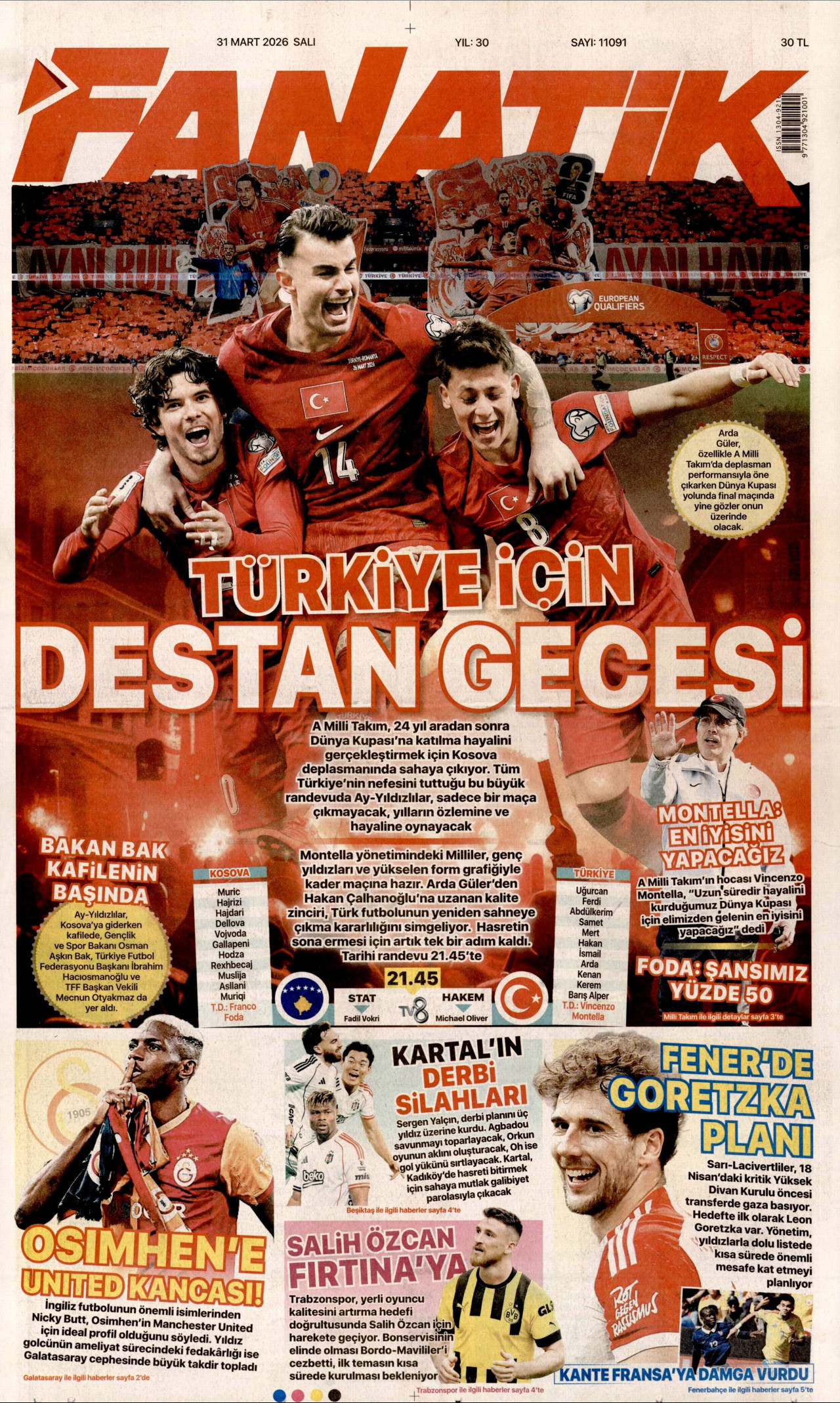 FANATİK gazetesinin 31 Mart 2026 tarihli birinci sayfası